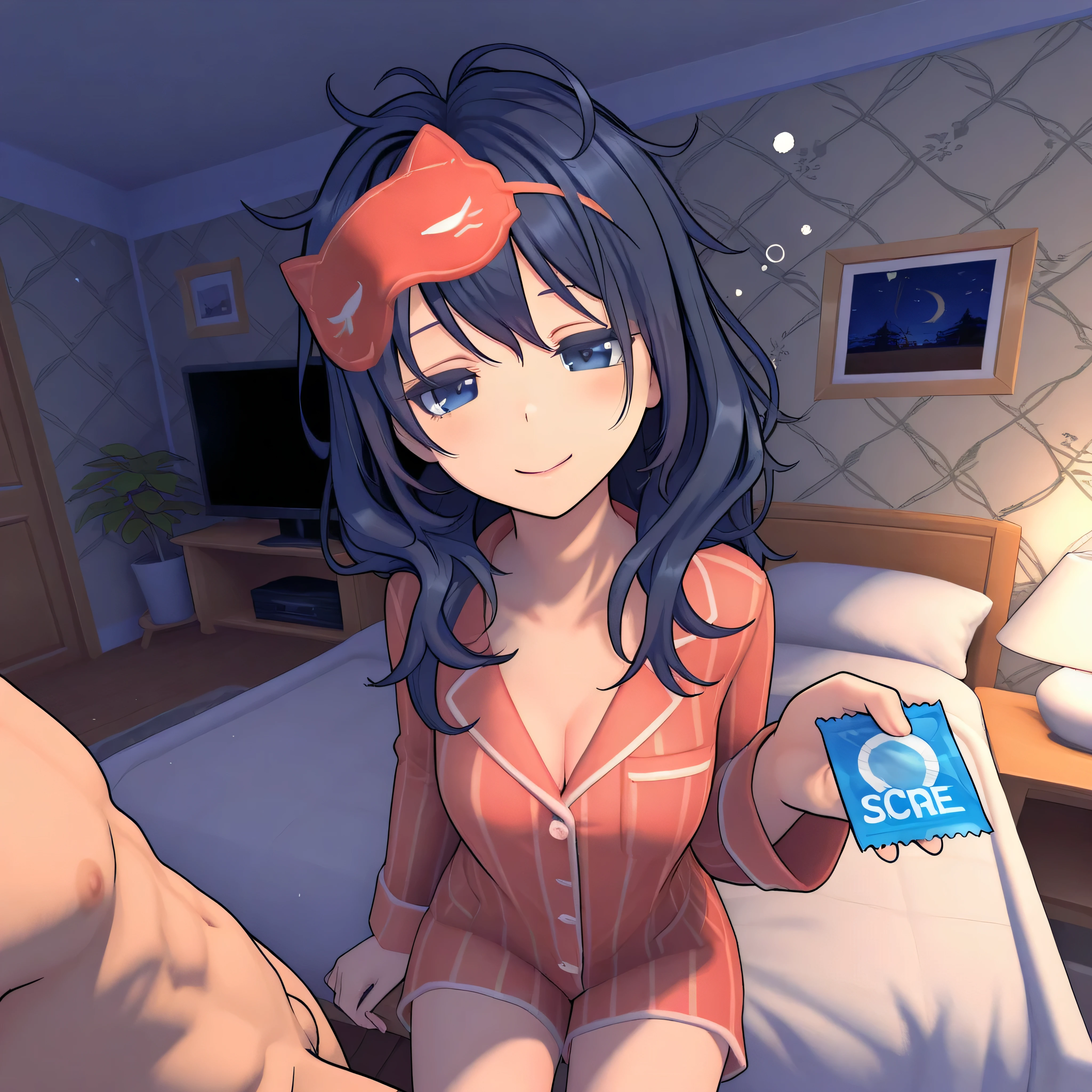 SleepyMita, 1girl, blue eyes, long hair, messy hair, sleep mask, pajamas, (dark), (night), sleepy, eyes almost closed, holding a condom package, smiling, visible cleavage, visible nude male sitting on the bed, yellow stars wallpaper, furniture, living room, 3d, cowboy shot, masterpiece, best quality, 8k, high resolution