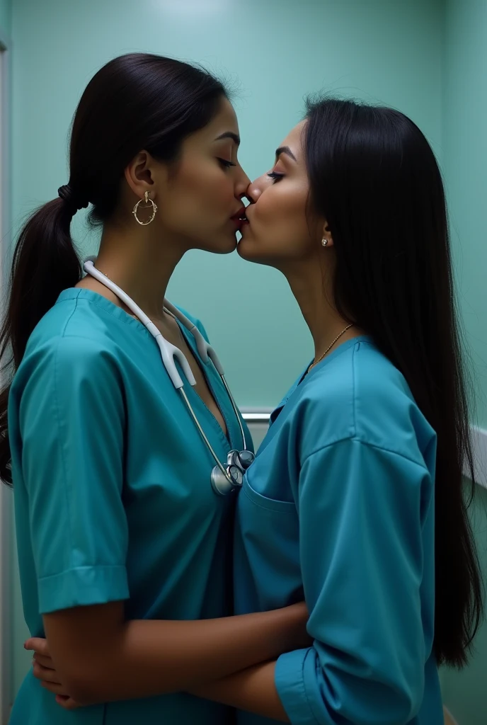 Bikini 2woman,years Old, lesbian Indonesian mature woman, huge doctor suit,curvy body, full body, sharing lustful kiss, hug and groping bteas, professional shot, at doctor hot