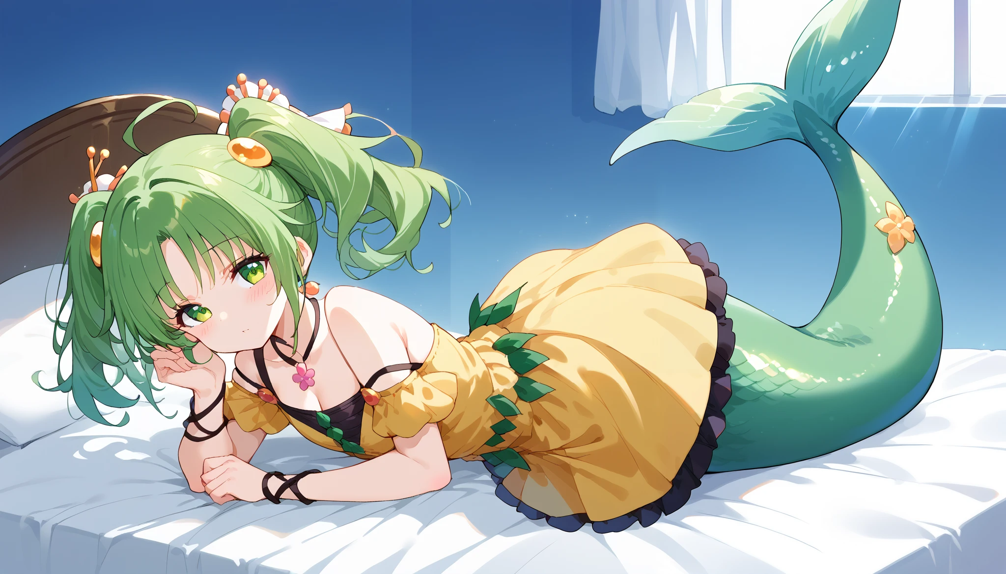 Fraction_9,Fraction_8_up,Fraction_7_up,Fraction_6_up,Fraction_5_up,Fraction_4_up,close-up,
1 Girl, unique ,Catch Cordyceps Sera , green hair,Twin ponytails, green eyes ,skirt,yellow skirt,
Ahog,Hair accessories, blush,Mermaid,绿色的Mermaid尾巴, lying in bed ,Full body picture