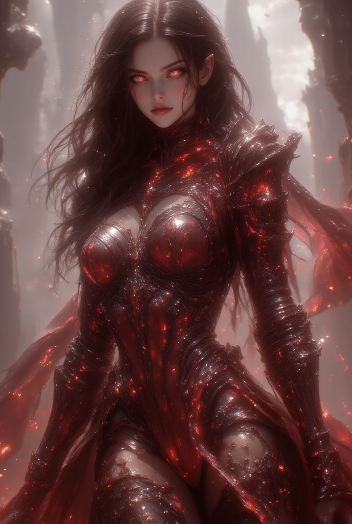 beauty eyes, Flawless eyes, (Storyboard), Liquid lady, liquid demoness, arcane liquid, red, fighting stance, sexy, busty alluring, erotic,( body formed from mauveine and black liquid metallic paint twisting into a beautiful interpretation of the female figure), long sharp fangs, ((complex metallic colours in the foreground)), (( fluid mechanics, the loveliest smooth scale face makeup)) - red blood, onyxia, translucent skin mechanical