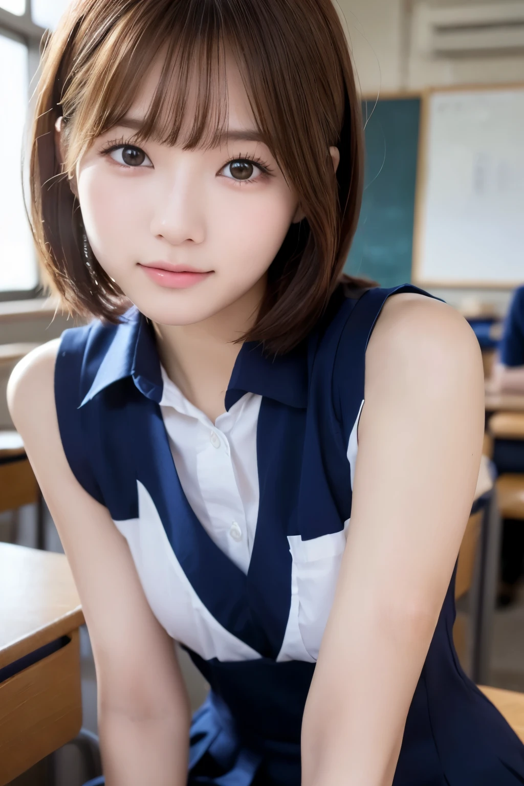   best quality  ,   focus on face ,  Soft light,   in ultra high quality, (  Photos :1.4),   RAW photo ,   1 Japanese Girl  , Alone,   are cute , (  has a smiling face :0.5), (  brown eyes,   light in the eyes  ),    , (  small breasts), (  x} High Resolution Human Skin Texture Details ), (  Short Bob), break, In the classroom,    navy blue sailor suit , vest,   skirt  