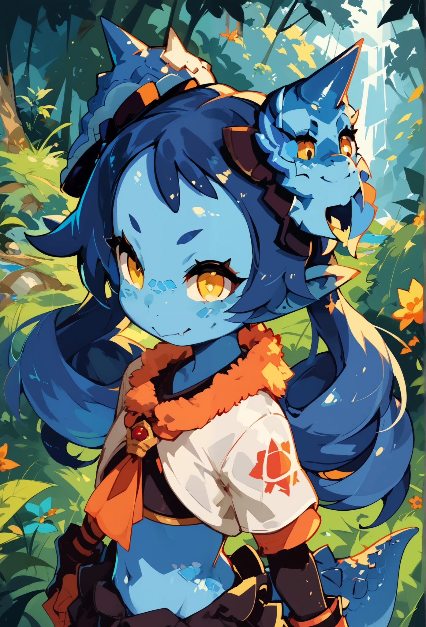 (tiro de cowboy) front facing, Young female Kobold , with long dark blue hair , long hair ornament, Yellow Eyes , blue scaly skin , a small tail and small blue horns, scales, an athletic and muscular body , in a white shirt and black pants , in a forest, little smile .