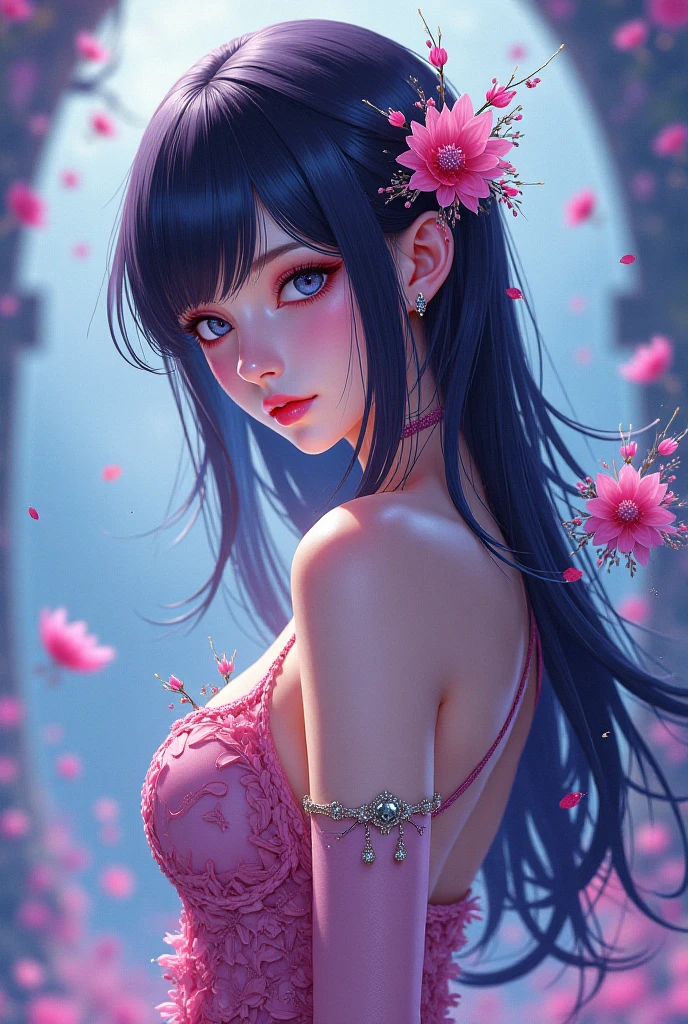 8K, Ultra High Definition, Super detailed, Shiny detailed hair, detailed face, fantasy landscape, solo, looking at viewer, full body shot, {{best quality}}, {{masterpiece}}, {{ultra-detailed}}, {detailed light}, ultra high quality eyes, detailed eyes, perfect eyes, large eyes, ((detailed pink eyes)), beautiful lips, ((black and blue hair)), long hair, beautiful, skinny body, white skin, slutty, erotic, suggestive, ((pink flower hair ornament)), {{nsfw}}