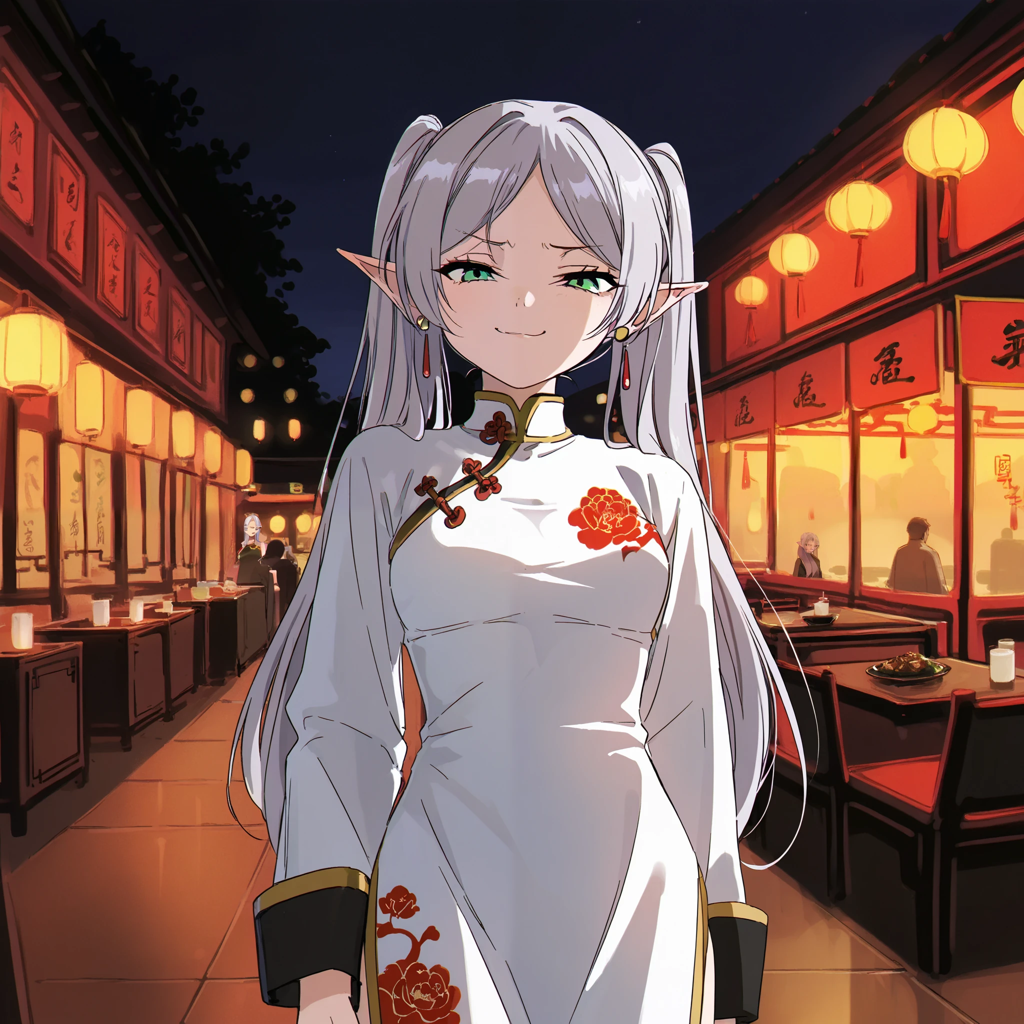 score_9,score_8_up,score_7_up,quality,ultra detailed,absolutely resolution, in the Chinese restaurant, night, grey hair, long hair, green eyes, twintails, parted bangs, earrings, pointy ears, ultra detailed face, smug face, solo, Chinese dress, standing, add detail