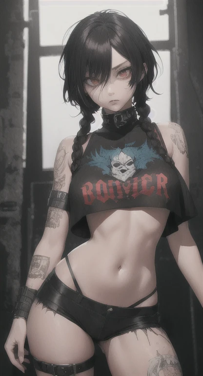 1girl, cold demeanor, emo, dark circles around eyes, tired eyes, looking at viewer, red background, standing upright, one hand on hip, straight face, side front view, short hair, pixie haircut, (dark skin), (white hair), (hair covering face), (red eyes), (black lipstick), (beauty mark on face), (emo aesthetic), black crop-top tank-top, (black fur jacket drooping below shoulders), black choker, huge breasts, huge ass, plump body, curvy, wide hips, pear shaped figure, navel piercing, arm tattoos, black bracelet, black earrings, big black emo belt, tight leather pants, upper body view