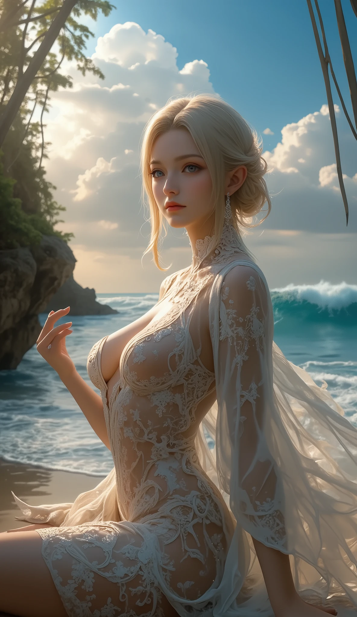 there is a woman sitting on the beach with a watch, Queen of the Sea Mu Yanling , beautiful digital art , 4K highly detailed digital art , beautiful fantasy empress, 8K High Quality Detailed Art , Fantasy Beautiful, Jan J, Beautiful and amazing digital art, Gwaiz, artwork in the style of Gwaiz, beautiful fantasy art , Chinese Fantasy