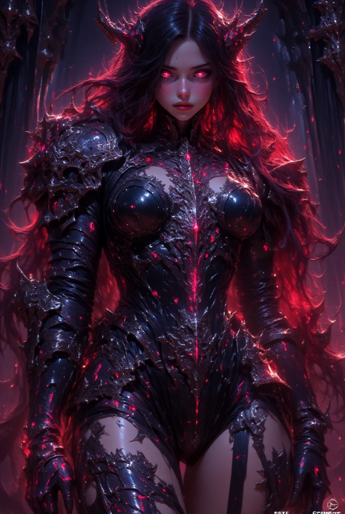 In a stunning display of avant-garde fashion and design, a sultry femme fatale emerges. Clad in a sleek leather corset and lingerie, she exudes an aura of allure and empowerment. The contrast between her dark sultry silhouette and the vibrant backdrop of fiery crimson and icy silver creates a mesmerizing composition worthy of a high-fashion editorial spread.