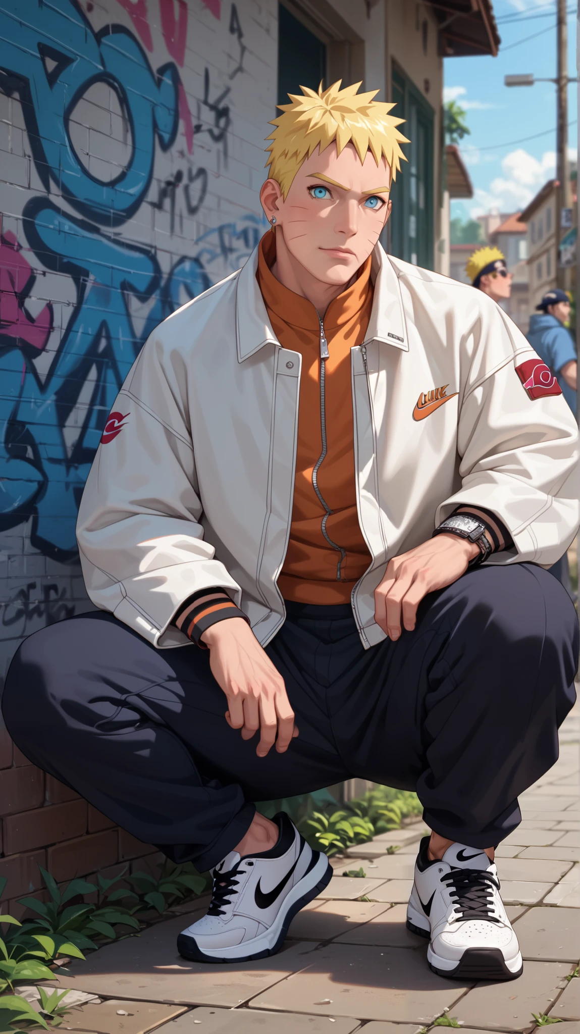 Score_9, Score_8_up, Score_7_up, Score_6_up, Score_5_up, Score_4_up, Source_anime, Tag1, Tag2, quality_masterpiece, Anatomically correct, Naruto, mature male, hip-hop elements, BREAK ,action_squat, squatting, jacket, baggy pants, Nike shoes, hand sign, gang sign, west side, hip-hop culture, graffiti,