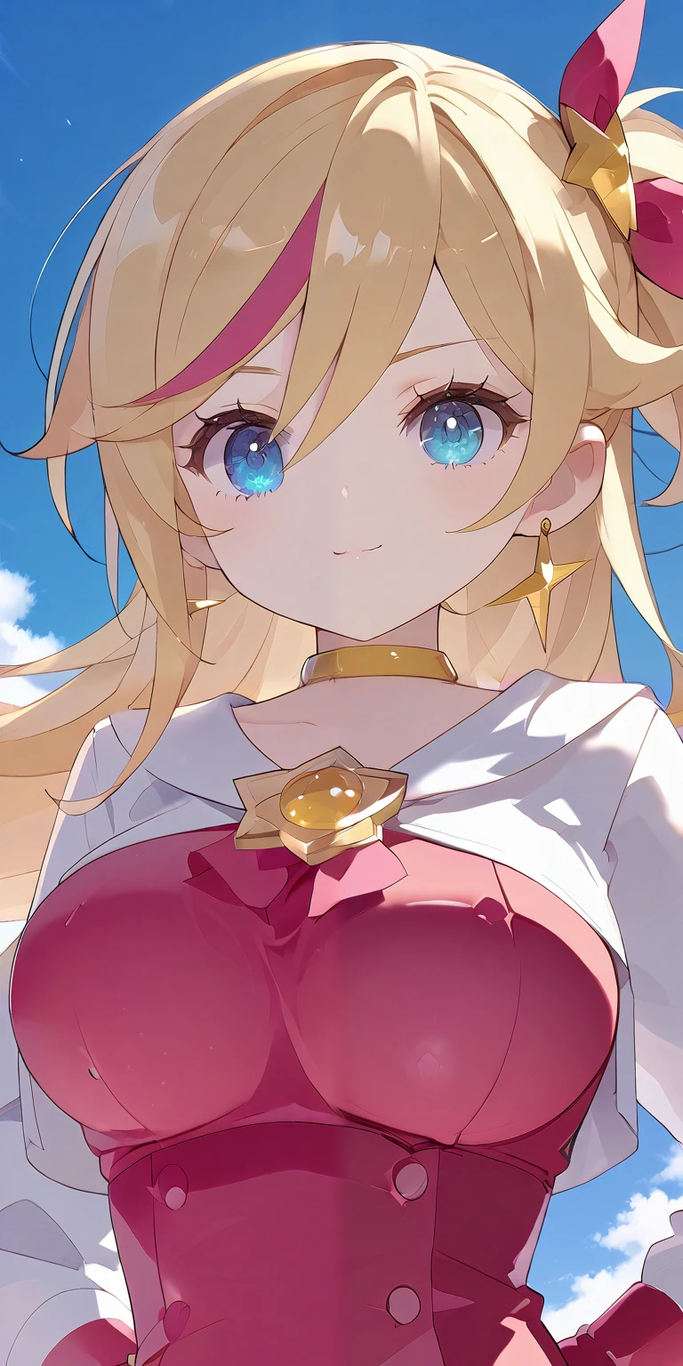beautiful girl, ( blond shine yellow hair ), (( very long flowing hair)), Perfect face, innocent smile, stem,(cerulean eyes), (that), (small), (thin waist), ((peito achatado)), (( 21 years old )), skin teeth, Extreme Detail, charming oval face, Red lips, rosa, glowing skin , detailed hair , facial focus, Chest close up, decorative gold collar, gold earrings, ((1 girl)),