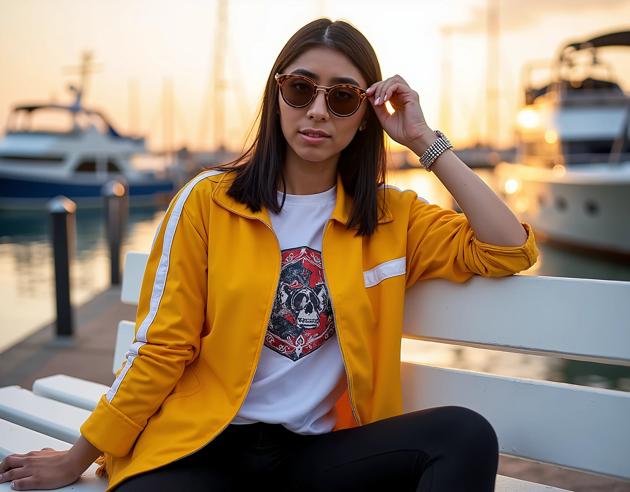 Professional photography of a stylish model with straight, medium-length black hair, wearing a sporty yet casual outfit. She is dressed in a yellow sports jacket with white stripe details on the sleeves, layered over a printed white t-shirt. Her look is completed with sleek black leggings, large, modern sunglasses, and a subtle wristwatch, adding both elegance and practicality. The overall ensemble exudes comfort and sophistication, perfect for a laid-back yet fashionable vibe. The model is seated sideways on a white wooden bench, her body slightly turned to the left. Her right arm rests casually on the backrest, while her left hand lightly touches her hair, creating a relaxed and natural pose. Her face is tilted toward the camera, displaying a calm, confident expression, enhanced by her bold sunglasses. The background showcases a serene harbor scene during sunset, featuring docked boats, a large ship, and buildings in the distance. The reflective water surface adds depth and tranquility to the composition, while the warm tones of the sunset create a captivating contrast with the cool blues of the sky and water. The lighting captures the golden hour glow, bathing the model and surroundings in a warm, soft radiance. The natural light emphasizes the burgundy tones of her jacket and highlights her features without harsh shadows. The combination of warm sunlight and vibrant colors creates an inviting and picturesque atmosphere, balancing sophistication with a touch of outdoor serenity.