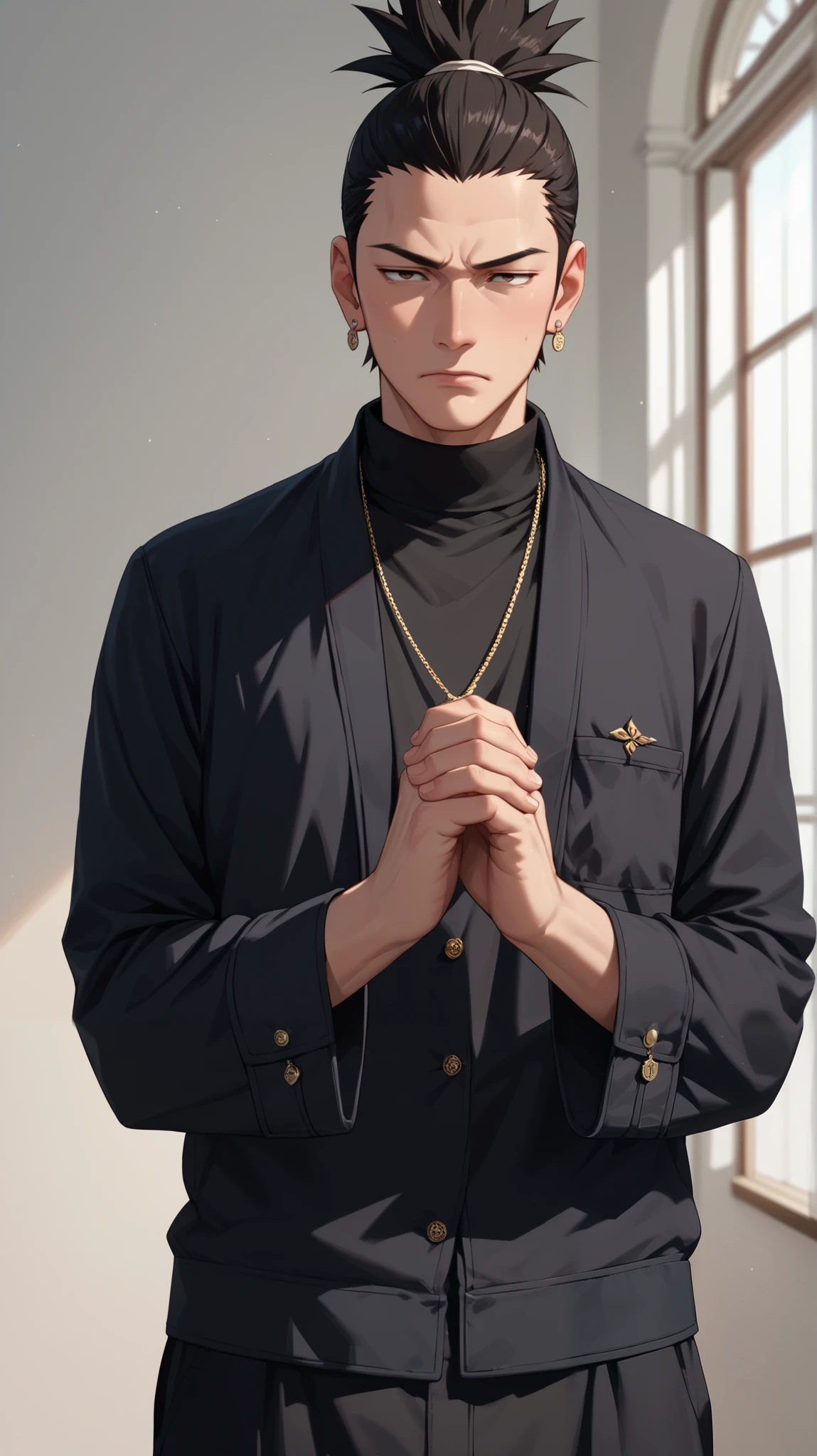 Score_9, Score_8_up, Score_7_up, Score_6_up, Score_5_up, Score_4_up, Source_anime, Tag1, Tag2, quality_masterpiece, Anatomically correct hands, Shikamaru, mature male, bored, hip-hop elements, BREAK ,action_stand, praying hands, 