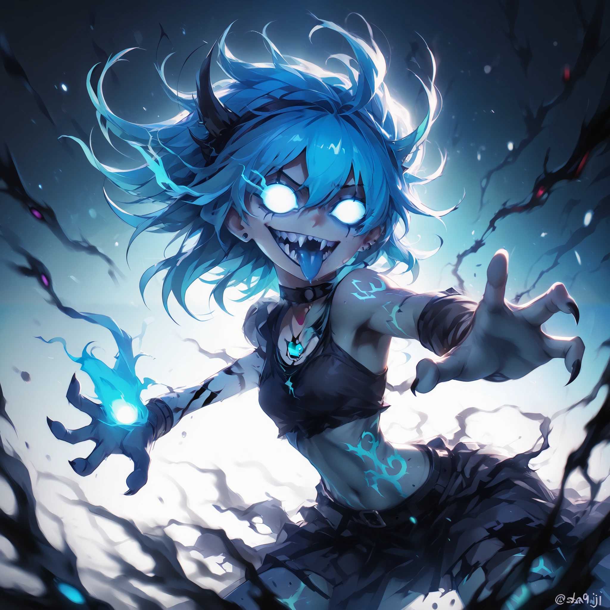 ( Ultra-detailed), ( masterpiece ), ( best quality), ( depth of field ), (sharp focus), ( cinematographic lighting), (vibrant blue), 1 , crazy smile, dams, with the tongue out , glowing eyes, Gothic style, dark makeup , black tattoos, piercings de prata, psychotic, psycho, A dark lighted anime female with blue glowing eyes, deep eyes, neon blue hair and a lot of blue energy, psycho smile, ((cyan flames in the background)), sharp teeth, battle pose, (((blue gradient background:1.4))), energy, Energetic, phonk, Brazilian phonk, Simple Design, Simplified --s 100 --niji 5 --ar 1:1