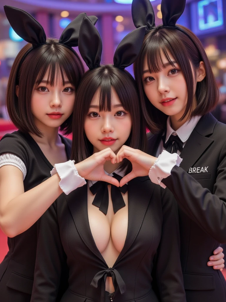 ((masterpiece)), ((best quality)), (ultra-detailed), ((extremely detailed)), 4K, (8K), best quality, (beautiful), illustration, anime style, hyper realistic, real, dynamic angle, full body, heavy outline, clear outline, (bar:1.3), (3girls, 3 cute girls:1.5), (bunny girl:1.3), beautiful light brown hair, beautiful brown eyes, ((beautiful eyes)), hyper cute face, short hair, large breast, light smile, blush, ahegao, ((love, hug, kiss))