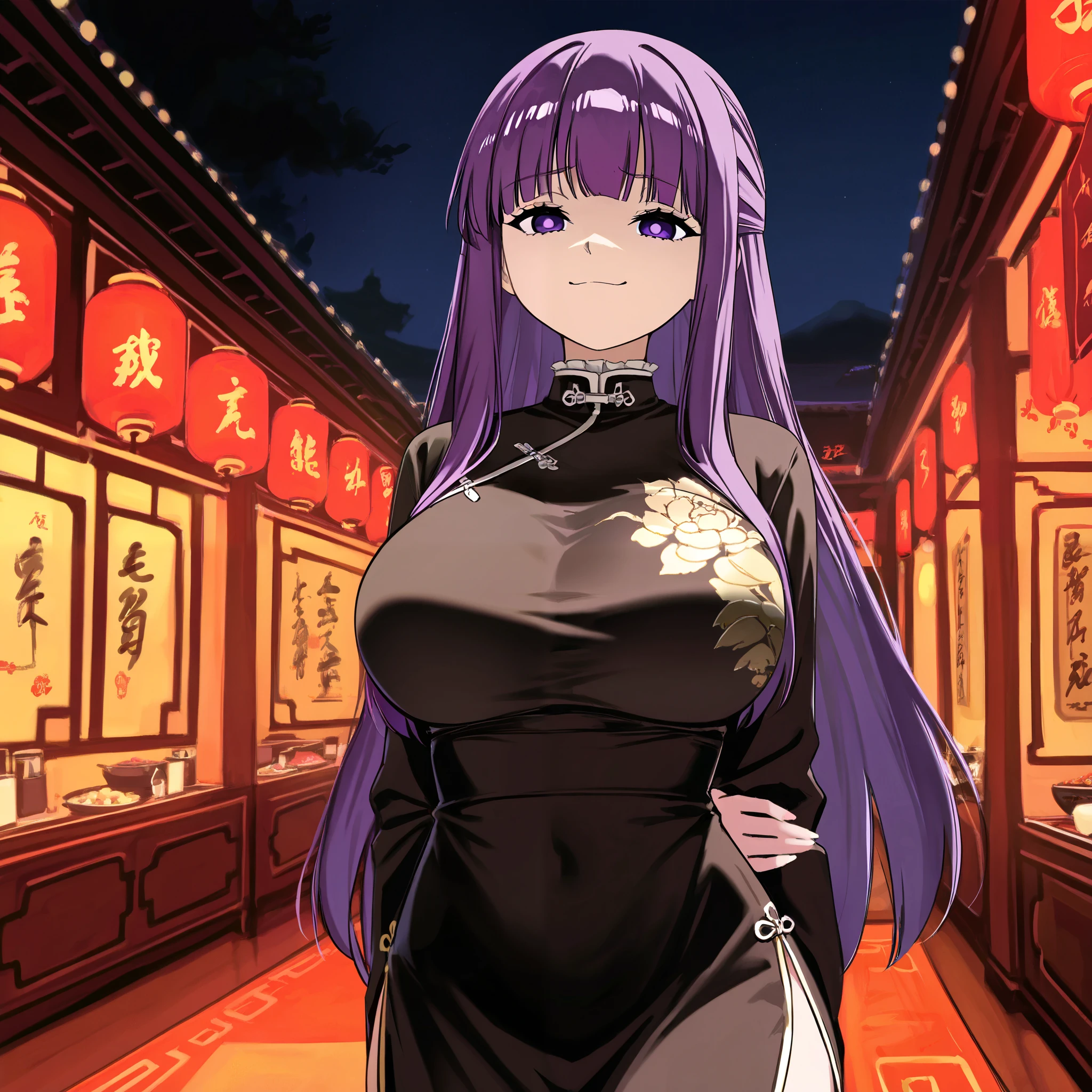 score_9,score_8_up,score_7_up,quality,ultra detailed,absolutely resolution, in the Chinese restaurant, night, fern \(sousou no frieren\), large breasts, long hair, purple hair, purple eyes, massive breasts, ultra detailed face, smug face, solo, (Chinese dress), standing, add detail
