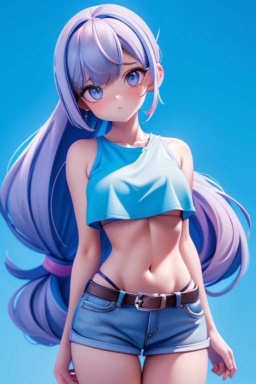 very cute 8 year old girl、(white t-shirt、mini skirt、)、Ocean、silver blue colored hair、purple eyes、white skin、beautiful skin、(Only the shape of the nipple is visible)、
