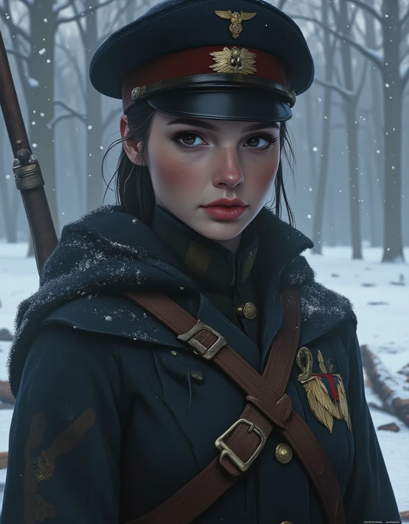 Create a compelling Assassin’s Creed Concept Art piece inspired by the WW2 era, crafted in the style of ultra-realistic visuals with meticulous attention to detail. Portray a young and captivating European girl adorned in a worn US military uniform, her face obscured by a hood. Set the scene amidst the haunting aftermath of a battlefield, showcasing the devastation and destruction left in the wake of war. Emphasize the realism and intricacy of the environment, capturing the gritty textures, shattered structures, and somber atmosphere in stunning 8K resolution.