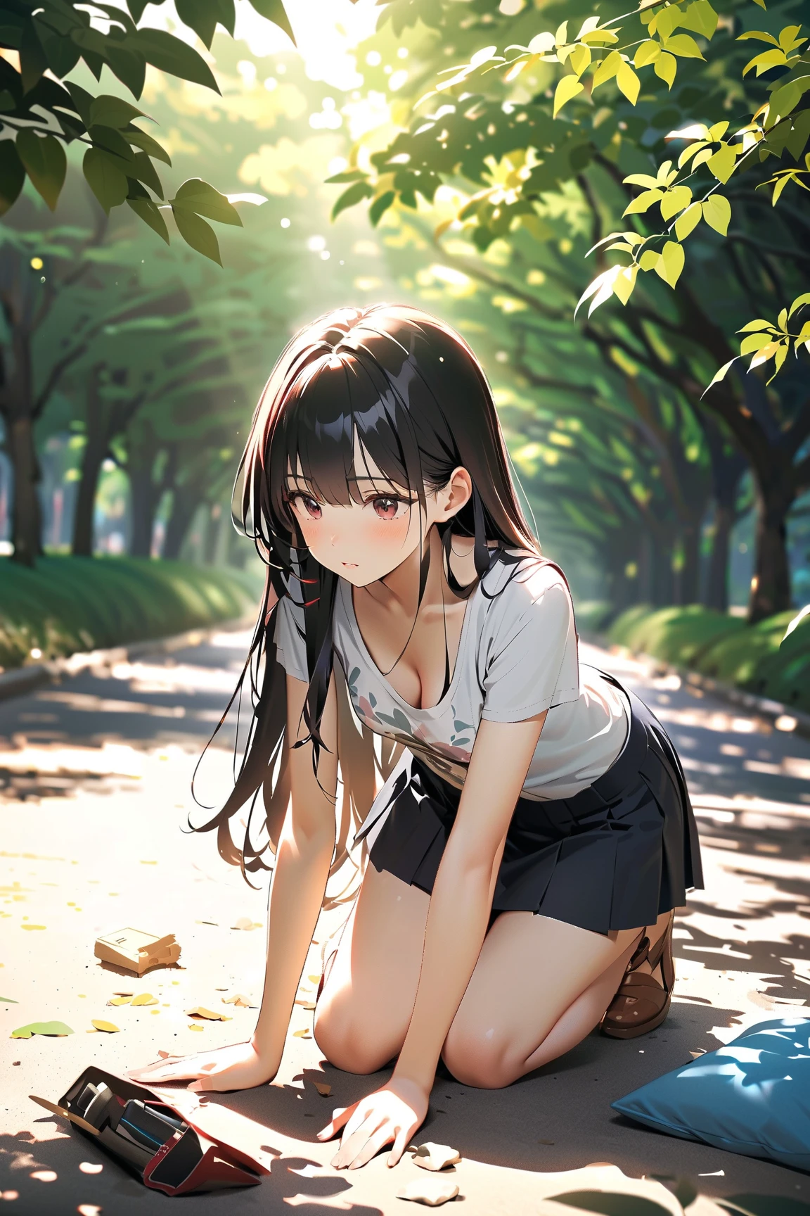 best quality,1girl,((,small breasts,loli:1.3)),y,((orgasm,blush:1.3)),angry,sweat,Arisu Tachibana,black hair, long hair,hair ribbon, ((white tank top,blue skirt,mini skirt,lift skirt,upskirt,kneehighs,white panties,lace panties:1.1)),((walking:1.1)),forest,forest林,crotchAngle,head out of frame,lower body,((have to pee:1.3)),covering crotch,(((hand between legs))),knees together feet apart,Pee,Urinating