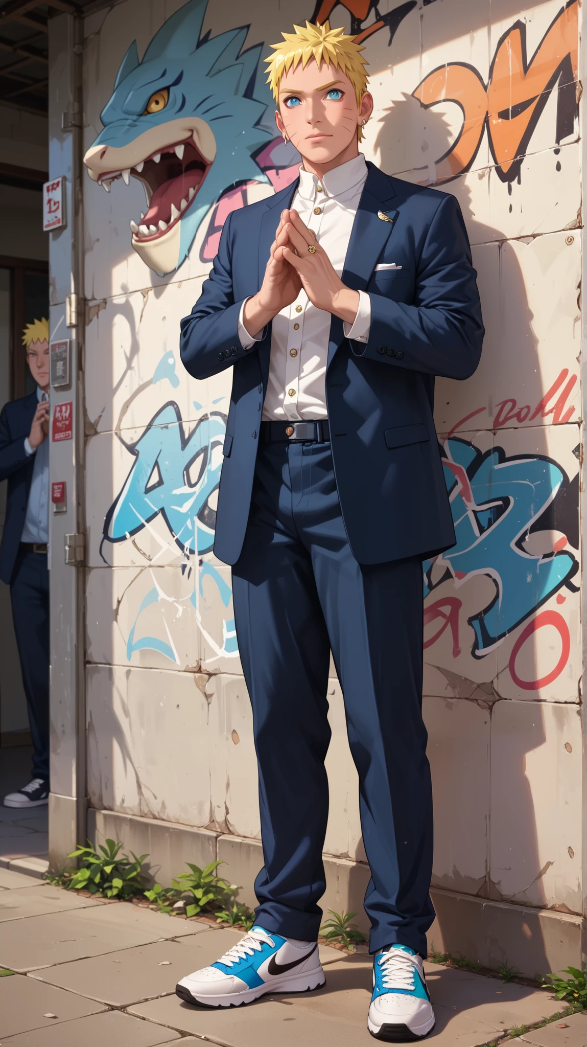 Score_9, Score_8_up, Score_7_up, Score_6_up, Score_5_up, Score_4_up, Source_anime, Tag1, Tag2, quality_masterpiece, Anatomically correct, Naruto, mature male, hip-hop elements, BREAK , standing, suits, Nike Shoes, graffiti, praying hands,