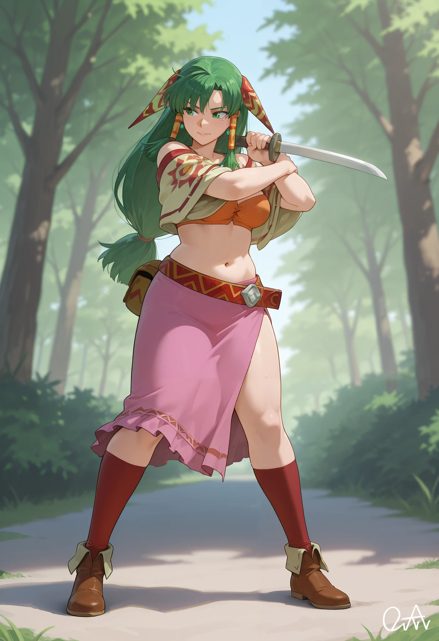 26 yo, face look alike to feena from \(Grandia\), Beautiful Mature young milf, (mature woman with lean perfection abdomen), sweet sweet expression, confident, large natural breasts, Curvy body, (outdoor-holding a shortblade with 1hand - ready to fight a pack of wolves in fantasy classic Grandia settings), battle stance, solo, 1girl, BREAK, She wears an orange bra top that leaves her abdomen exposed, paired with a small short pink skirt held up by a thin red belt. Covering her arms is a tan-colored shawl adorned patterns on both sleeves. Her long green hair flows down her back, with some sections tied through two patterned hair accessories. She completes her ensemble with ripped red socks that extend past her knees and brown shoes featuring tribal patterns similar to those on her belt and shawl, official arts, dynamic jrpg view, fantastic fantasy vibrant background, fighting monsters, 
