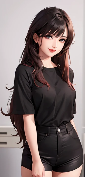 Can you have a 1,53 girl with brown hairline and black tips brown eyes snub nose medium sized lips slightly round face wrapped hourglass figure medium top black top with neckline and short black pants created