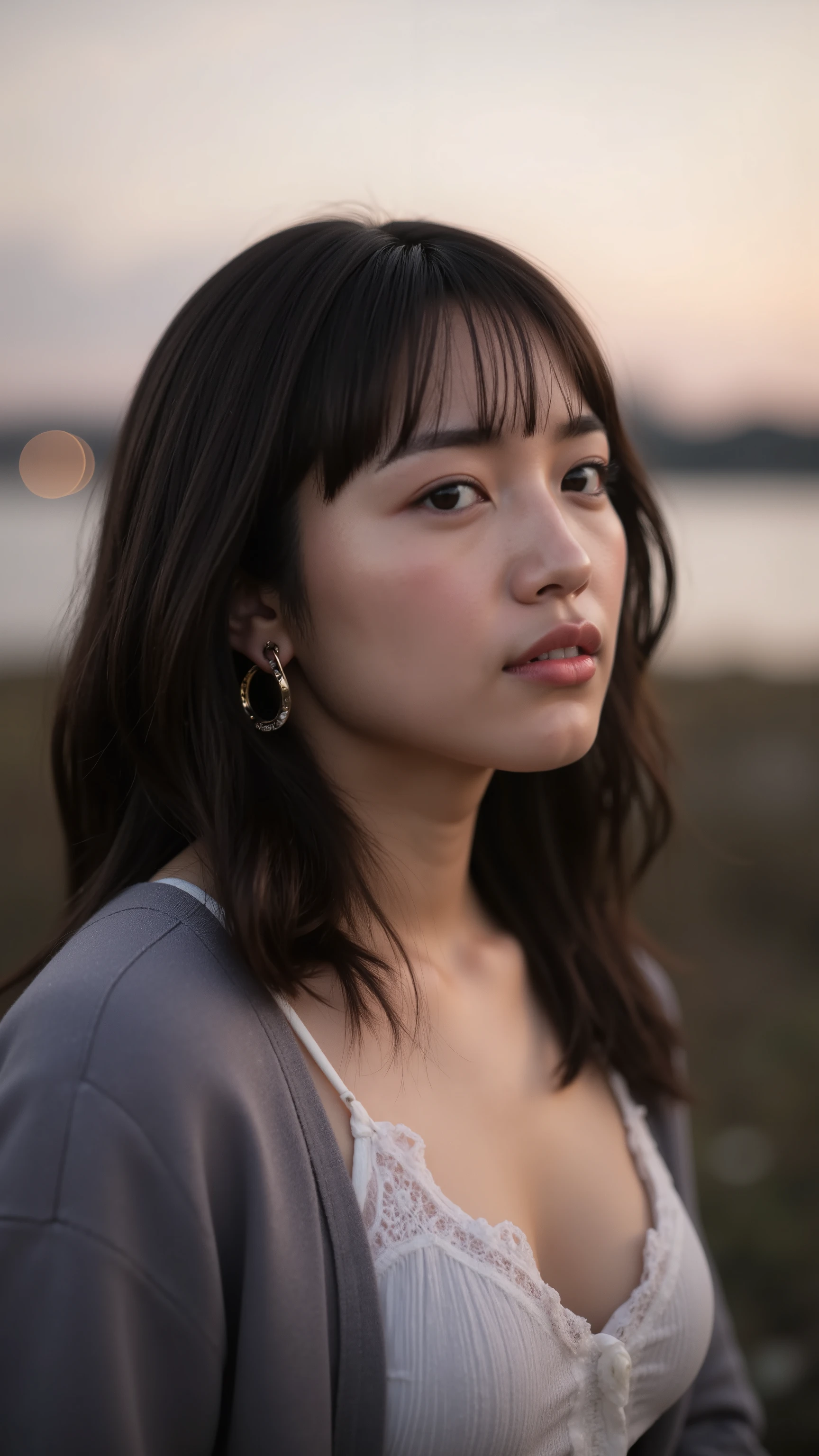 The high resolution photograph of a young beautiful Japanese woman, masterpiece, amazing quality, photo-realistic, intricate details, 8k, RAW photo, sharp focus, professional lighting, portrait, solo, 1girl, an elegant lady, revealing fashion,,,, dark hair, detailed face, detailed eyes, detailed hair, detailed skin, pale skin,,,,, outdoors, at dusk, 