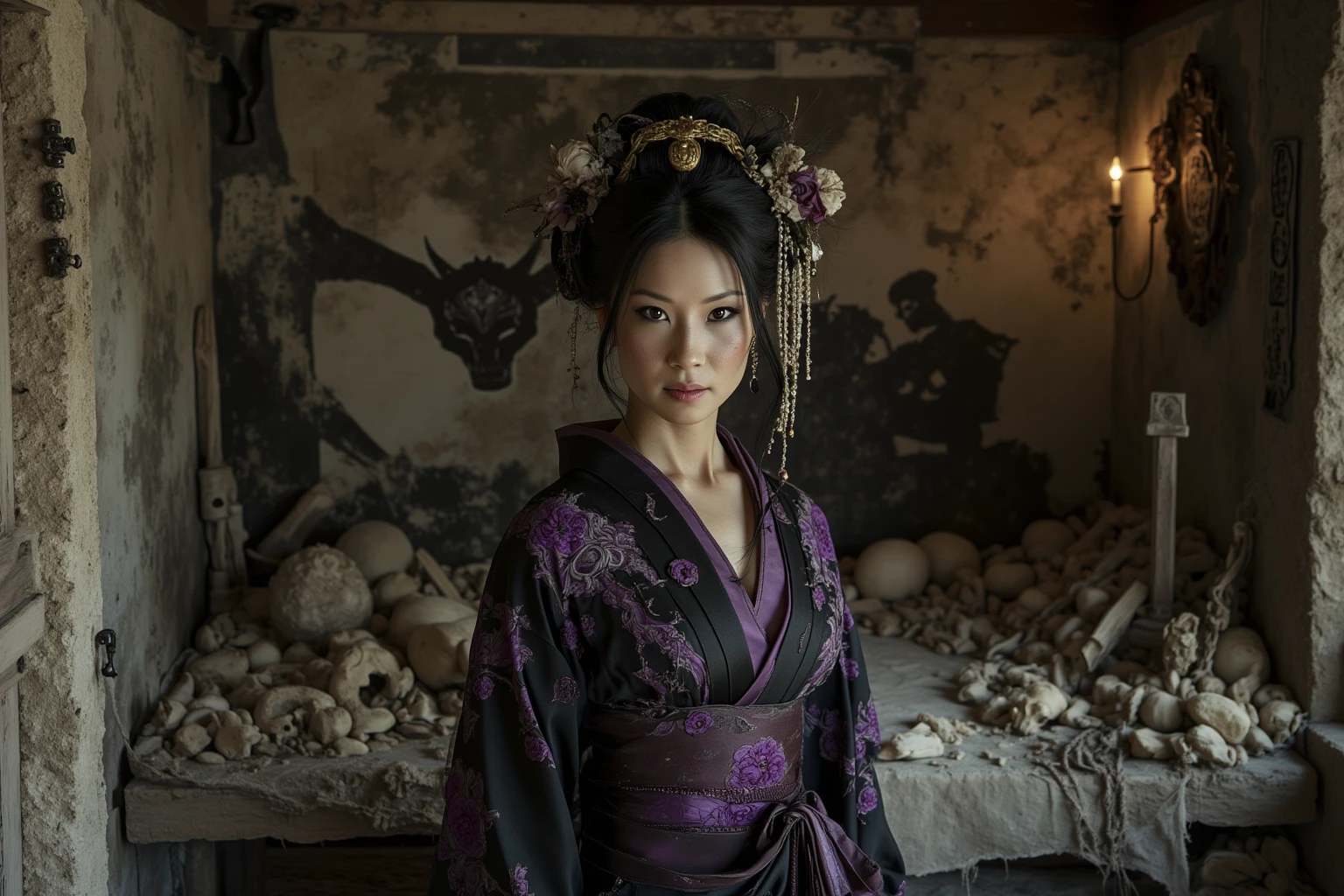 (photorealistic:1.3), full body ilustration of a (japanese:1.4)( elf 18 y. o. real girl:1.3) (full body:1.4),intense look, (futuristic look), (necromancer Undead princess :1.3), (((white skin:1.3)) wearing a atractive clothes, (small point elf ears:1.1), (bones ornaments in clothes and hair:1.1), (yukata v neckline with skulls ornaments:1.22) with traveler belts and bags on weist, (Intrincate silks:1.2), (bones shoulder armor with a long cloak:1.3), bones around her, (natural goth makeup with green lips:1.2), skull earrings:1.2), (Dark, green and purple colors:1.2),(absurdely black long Hair with geisha ornaments:1.3), (petite and perfect breasts skinny body:1.2), (Surrounded by skulls in green flames).
Volumetric light, undead, rotting skin, mystical, nice perfect face with soft skin, concept art portrait by greg rutkowski, artgerm, hyperdetailed intricately detailed splash art trending on artstation, Purple ang green clothe colors, beautifull colors, unreal engine, fantastical,Splash art, fantasy art, 8k resolution, oil painting,( skull geisha face paint :1.1), dark, astral, detailed clothes, realistic japanese face, green pupils, (realistic beauty detailed eyes:1.4). ( colorfull mystical rpg Swamp forest background Like magic the gathering:1.3) and She is summoning a lot of dead samurai skeletons from swamp:1.1, detailed anatomy.
<lora:realisticelves_Lora300:0.2>, no under wear, no bra, ((dark Black hair)), bone armor:0.9
<lora:coloredSkinBETACONCEPT_v106 (1):0.8>