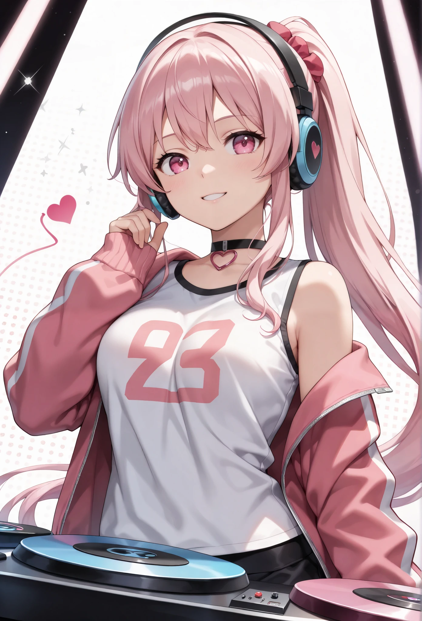 (highest quality:1.2, Very detailed, Latest, Vibrant, Super detailed, High Contrast, masterpiece:1.2, highest quality, Best aesthetics, aesthetic: 1.2), woman, Pink Long Hair, Beautiful breasts, DJ, (Pink detailed eyes, Beautiful Eyes), smile, Light background , Heart-shaped choker, (Pop Art), colorful,Pink long ponytail hair, Eye of the symbol, +__+, Hip-hop costumes, listening to music on headphones, Looking up, DJ Style,