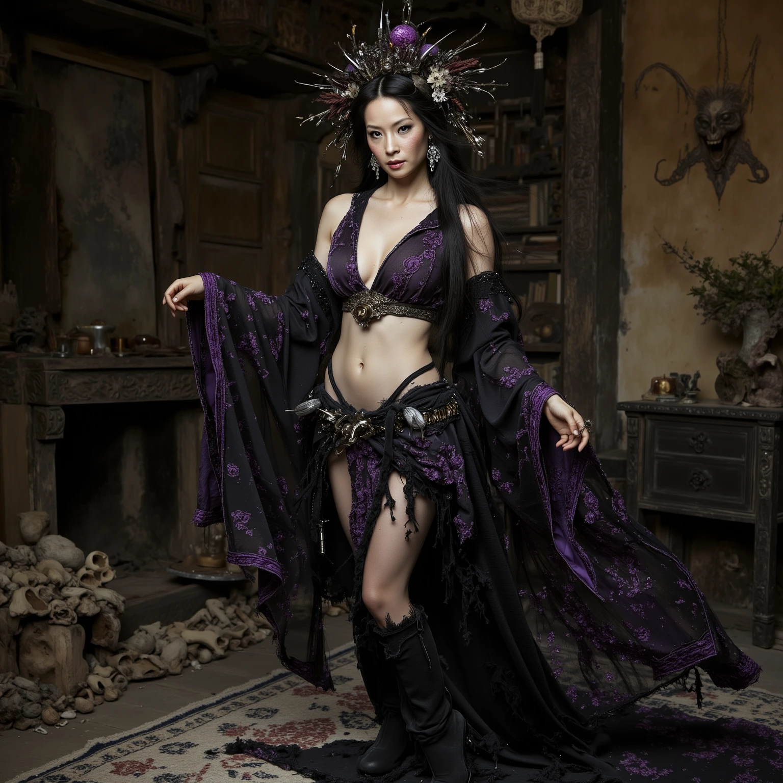 (best quality), Dark Fantasy, Night,Belly dancer, Purple dance costume,Gothic atmosphere,Dark atmosphere, Long legs,High heel, Practical, Very detailed, HD, Gothic style,