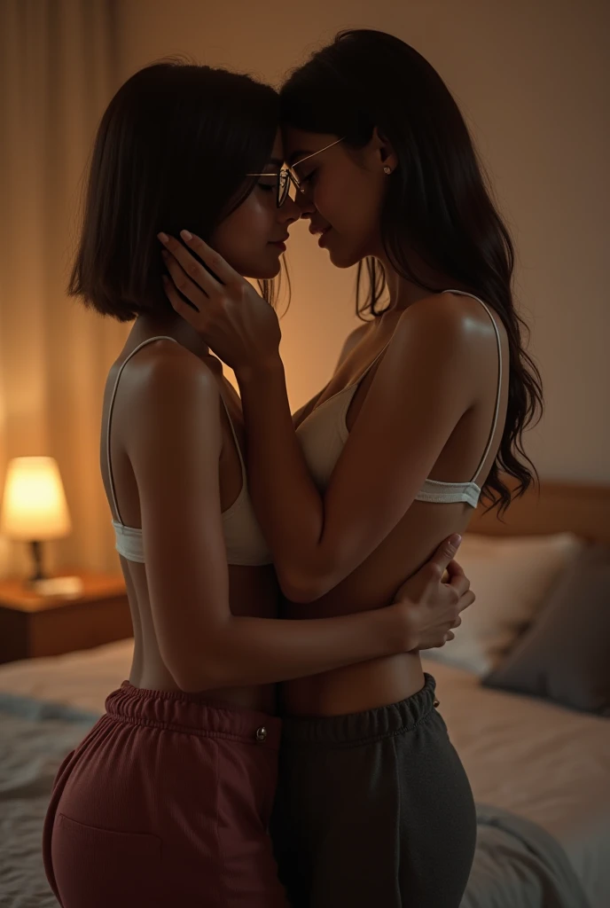 real photograph, (Top image quality, 8k, masterpiece), top-quality, 超A high resolution,2 Japan Girls,ld, pretty face, multicolored lace bra, kawaii faces, Melancholy look, kissing, double eyelid、big breasts:1.4、blond bob hair、black long hair, night modern room、window, Gleaming urban nightscape, Movie Lighting, Photorealsitic, real looking skin, NFSW, 35mm, Shot with Leica,