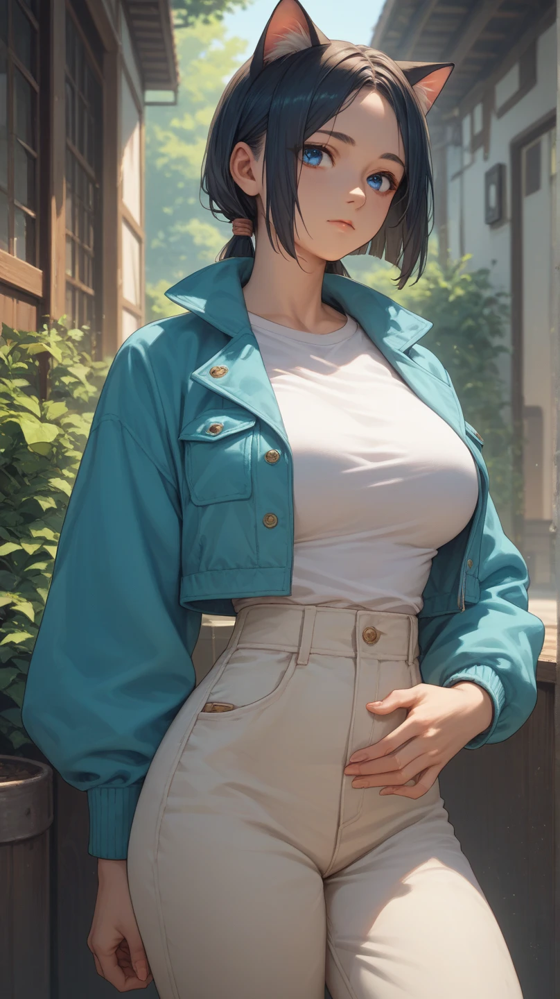 brazilian woman, dark skin, perfect green eyes, details, nose, elf ear, eyebrow, smiling, lips,  blue straight short hair, dyed pink on the nape, hair details, fringe, white shirt, transparent long sleeves, tie , short skirt with belt, thin waist, thick legs, thick thighs, background scenery, ultra detailed Rio de Janeiro, at the beach, night light, by night, beautiful night