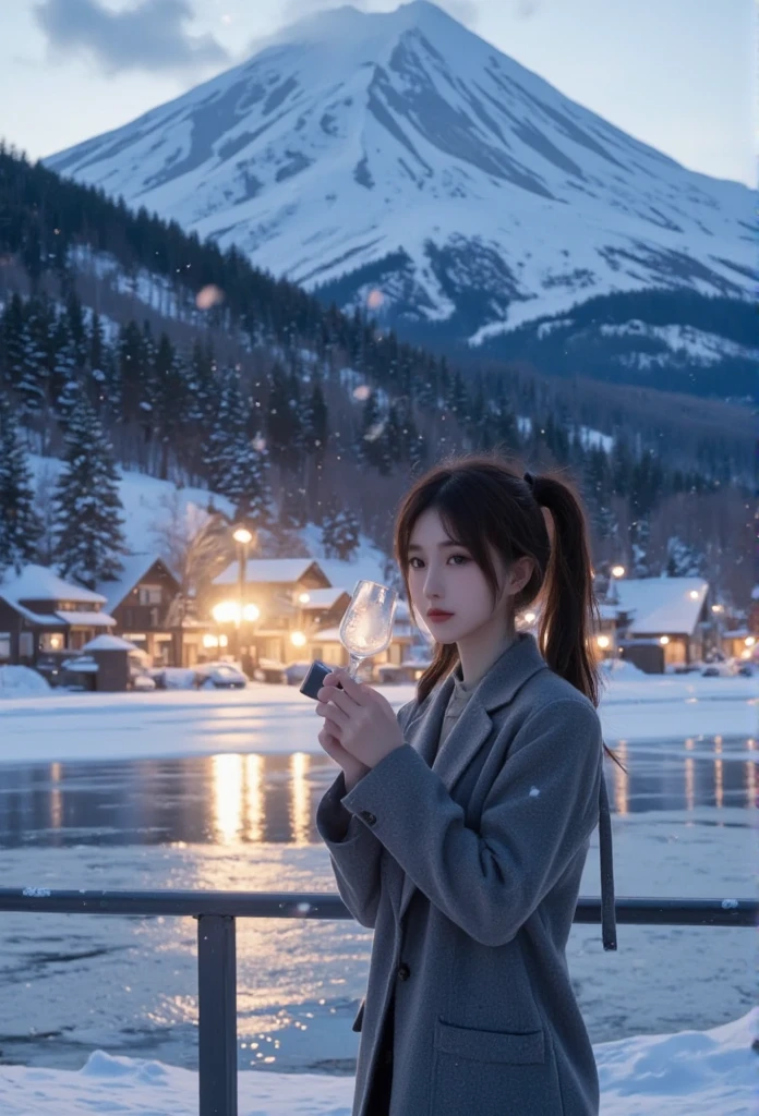 Woman standing in front of a lake with a mountain in the background ...