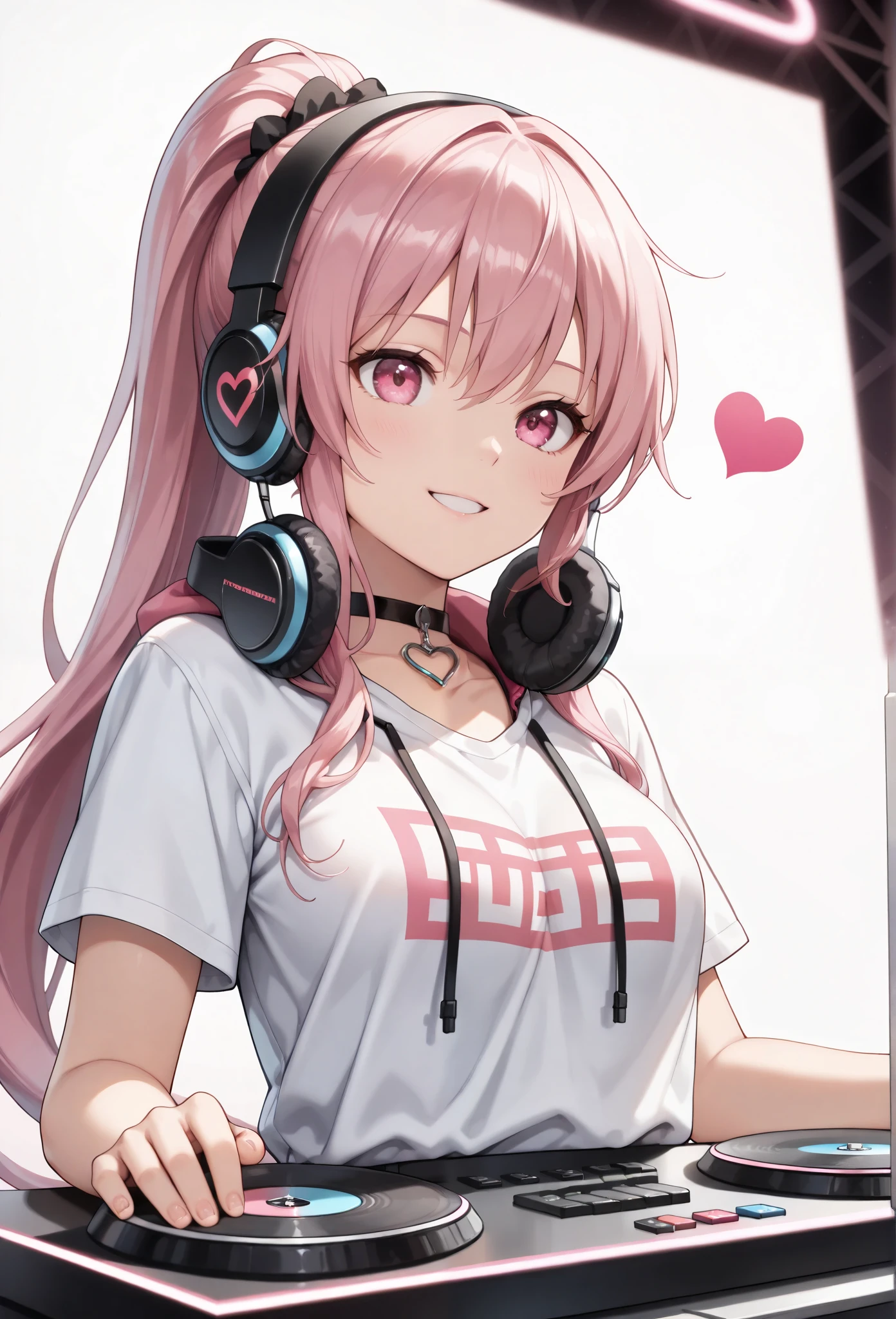 (highest quality:1.2, Very detailed, Latest, Vibrant, Super detailed, High Contrast, masterpiece:1.2, highest quality, Best aesthetics, aesthetic: 1.2), woman, Pink Long Hair, Beautiful breasts, DJ, (Pink detailed eyes, Beautiful Eyes), smile, Light background , Heart-shaped choker, (Pop Art), colorful,Pink long ponytail hair, Eye of the symbol, +__+, Hip-hop costumes, listening to music on headphones, Looking up, DJ Style,