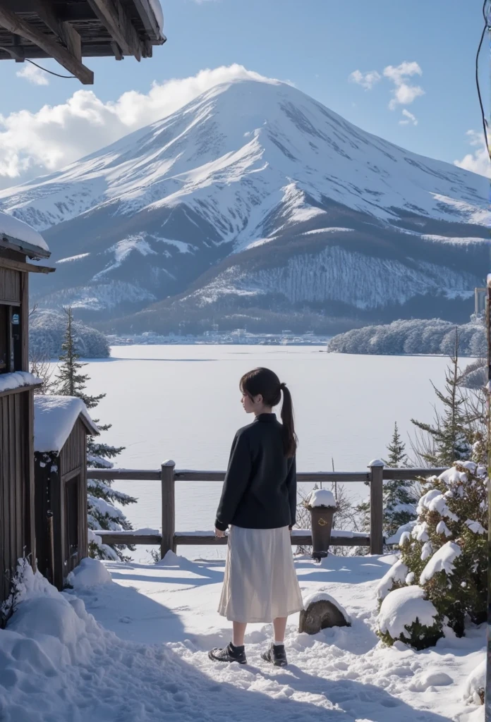 There is a woman standing in the snow looking at a mountain - SeaArt AI