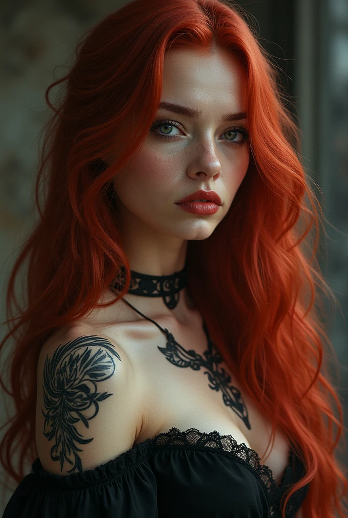 A girl with bright red hair and revealing clothing, On the right side is a tattoo of a burning dolphin.