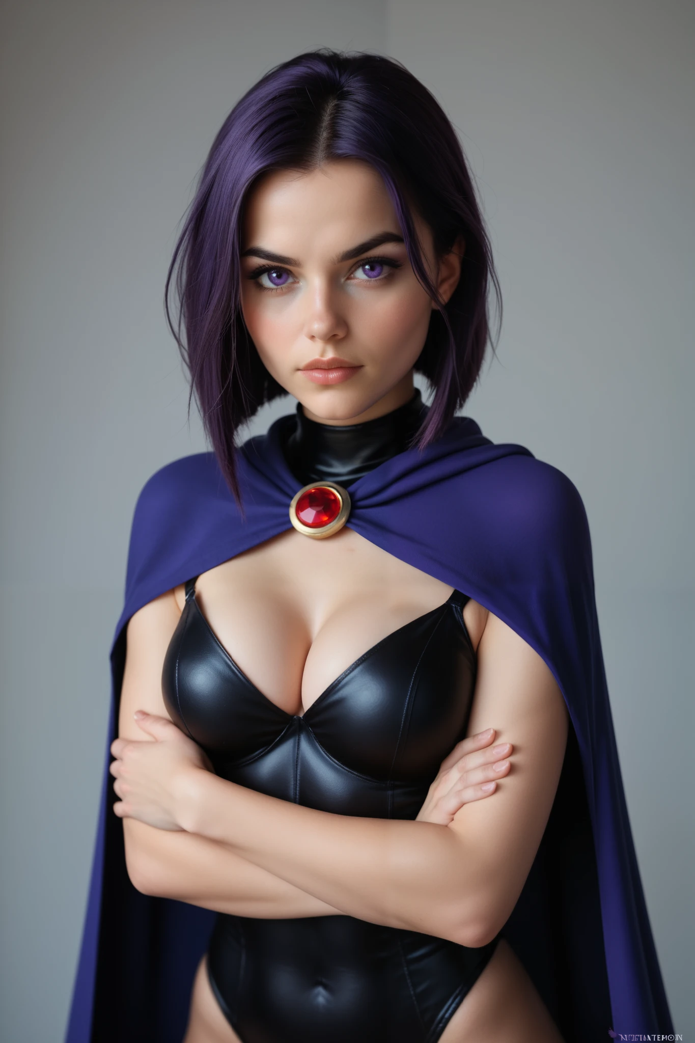 masterpiece, best quality, , raven \(dc\), raven from titans, 1girl, superhero, 
masterpiece, best quality, highest quality, cinematic lighting, (volumetric lighting), focused, 8k wallpaper, 4k wallpaper, extremely detailed, ultra realistic, photorealistic, sharp focus, (Ultra realistic, detailed face:1.0), (detailed eyes:1.0), (realistic photo:1.1), (masterpiece:1.0), detailed background, cleavage, large breasts, wide hips, purple hair, short hair, full body, purple cape, sexy look, erotic, 
<lora:Raven:0.8>