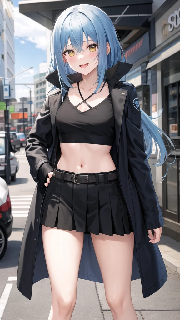 masterpiece, best quality, highres, rimuru tempest, blue hair, long hair, medium breasts, jacket, modern crop top, bare shoulder, show stomach, belt, pleated skirt, cowboy shot, standing, looking at viewer, city road, outdoor, modern city road, blush, shy, smile, open mouth,