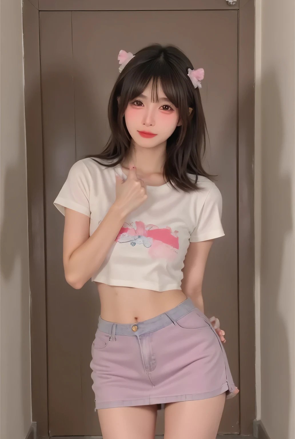 (RAW photo, 4k, masterpiece, high resolution, extremely complex) (realistic: 1.4), cinematic lighting, 1 Girl, Solo Focus, Summer Noon, Hot, jk gyaru (gal Style), Pastel Lens, Indoor, Short Sleeve cropped T-shirt, skirt, sexy, kawaii and slutty!, mesugaki onlyfans model, lewd!!