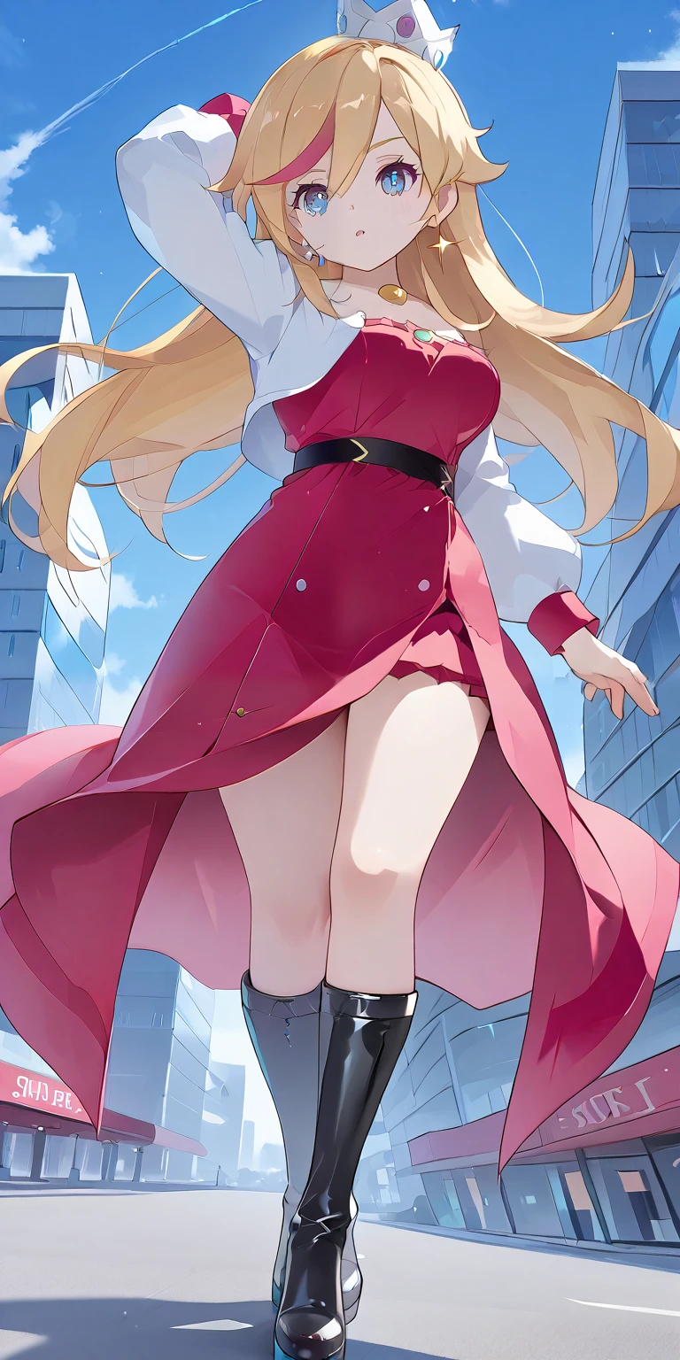 beautiful girl, ( blond shine yellow hair ), (( very long flowing hair)), Perfect face, innocent smile, stem,(cerulean eyes), (that), (small), (thin waist), ((peito achatado)), (( 21 years old )), skin teeth, Extreme Detail, charming oval face, Red lips, rosa, glowing skin , black boots, walking down the streets, , detailed hair , facial focus, Chest close up, decorative gold collar, gold earrings, ((1 girl)), street cityscapes, fullbody overview, full body view,