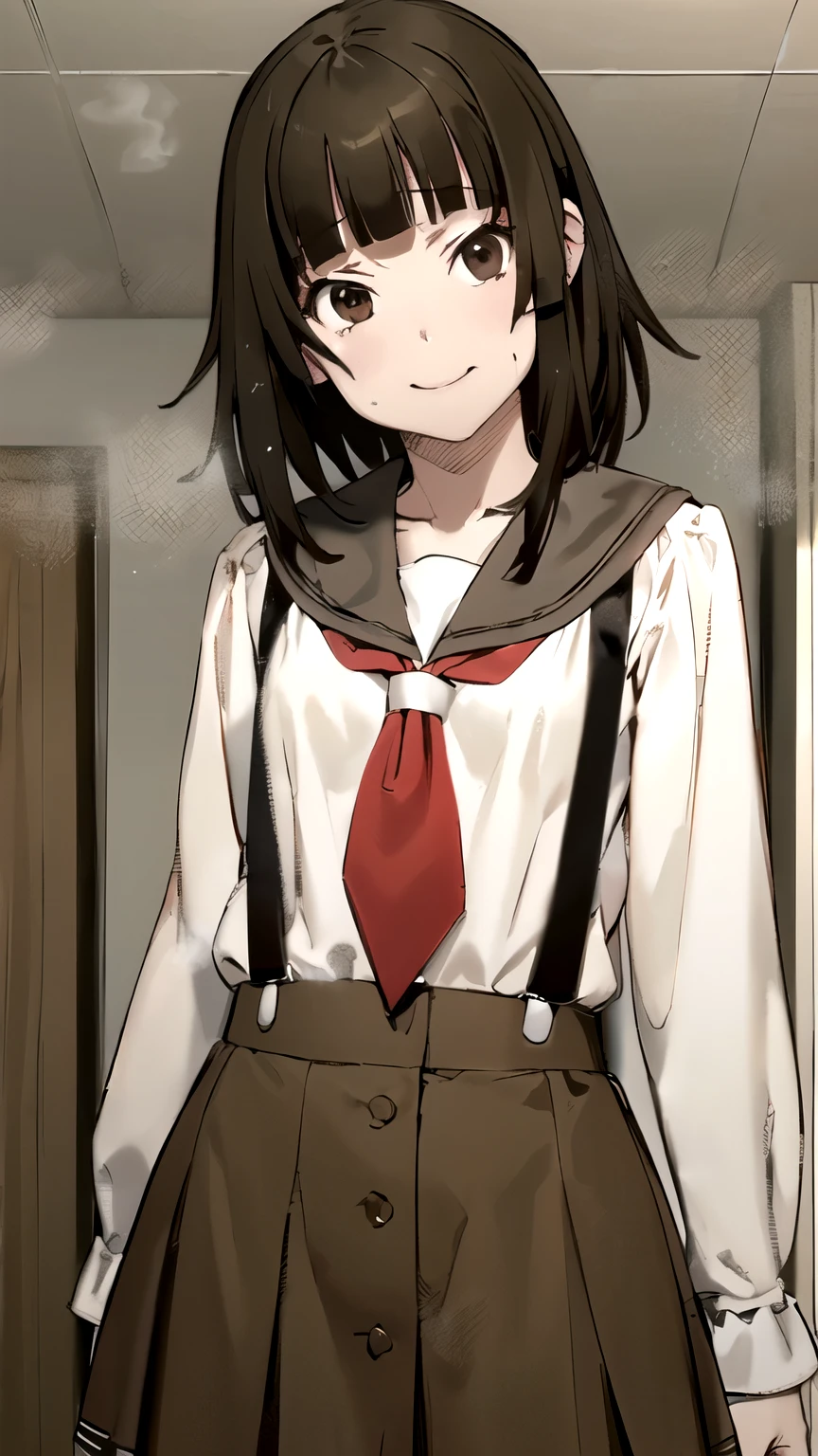 ((masterpiece,best quality)), {DATE_artstyle_LoRA : Manga_Style} {horror_edit : creepy_room_aura} {partially_monochrome} { (aanadeko, medium hair, brown hair, blunt bangs, brown eyes, brown skirt, perfectly_small_shape_breast : perfectly_slender_body : petite : } { school uniform, sailor collar, red neckerchief, suspenders }}  {  :  evil_smile : devious } {posing : arm_behind_head } { possessed :} { steaming_body : sweating  } { } : dark : creepy otaku room : messy  }