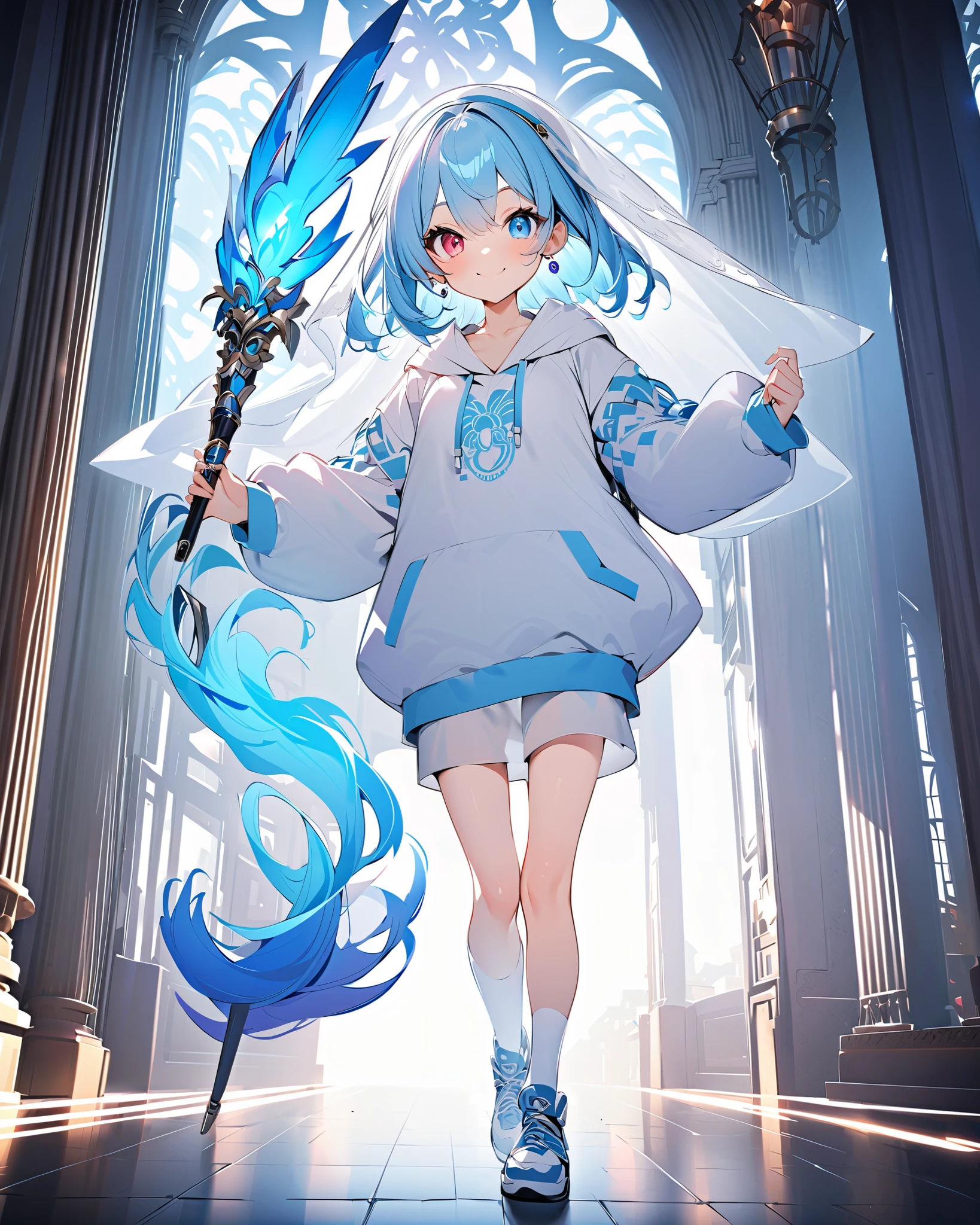 （（  1 woman with an umbrella））, Smile, （Single ）、 High resolution ,  Ultra HD,   Very Detailed , ｛ White Socks ｝、short hair、 light blue hair 、（White Veil ）、((  small boobs））、 ring earrings , earrings,  （ odd eye ）、 Iris Heroism 、（（ White Hooded Sweatshirt ））、（Put Down the Hood  ）、 blue flame background 、sneakers、（ Full Body Photo ））、Standing, （look straight ahead）、 [ sacred、 Charming Smile 、（  Very Pretty Eyes）、  Cinematic Light   、（（  mature girl））、（（  Medium height  ））、  looking at the audience  、{{  face forward  }}、［浴火重生cartoon, cartoon style, cartoon,  heterochromia,  Samurai Knife、 white stockings 、 White Socks 