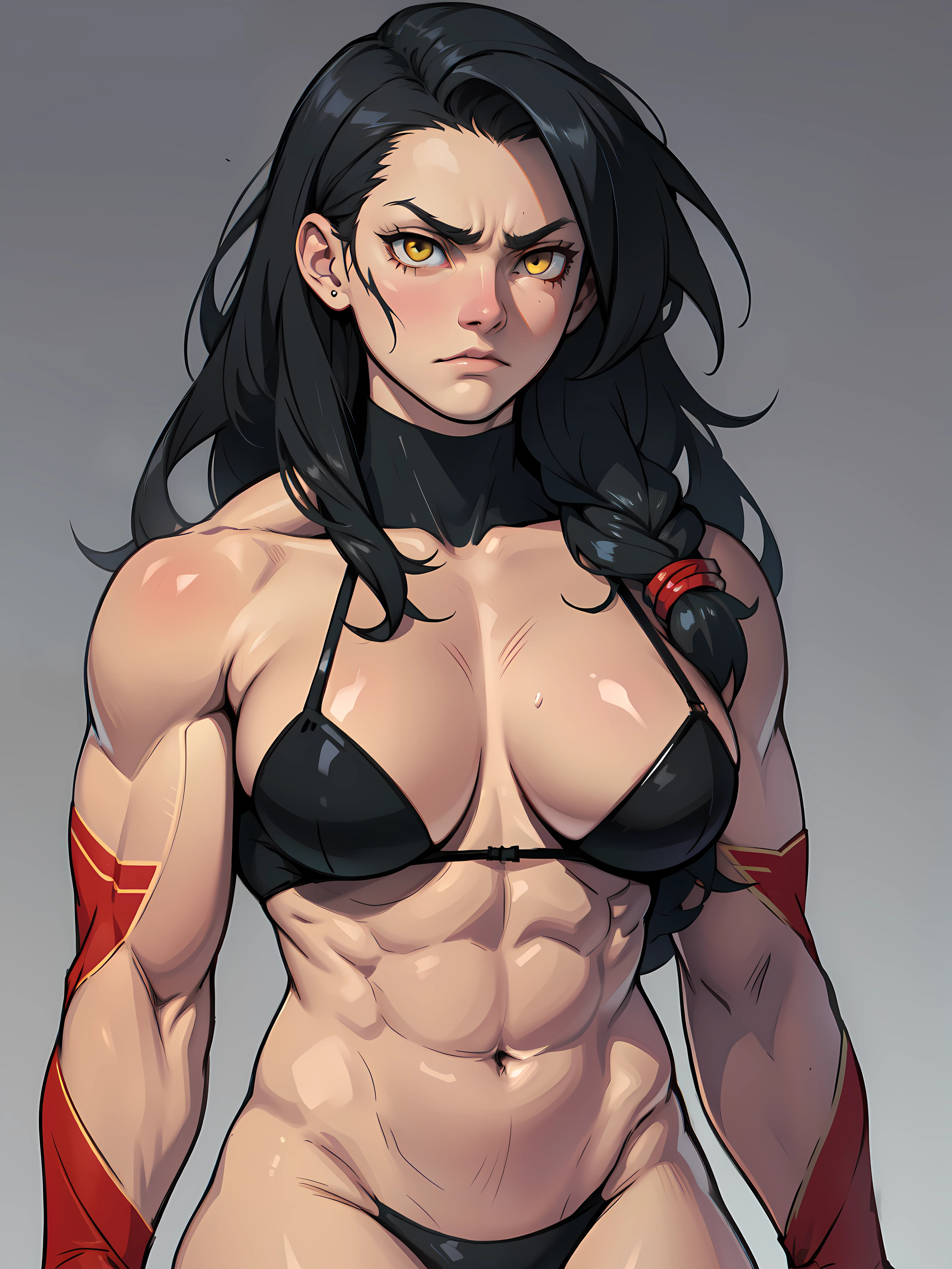 defeated dark atmosphere sitting legs spread looking down looking at viewer pale skin black hair yellow eyes, solo, (((small breasts))), navel, abs, looking at viewer, midriff, ((torn clothes)), bruised, bruises, ((bleeding)), ((bruise)), ((tears)), crying, (tan), from behind, (((((muscular))))), (((((thick thighs))))), (((black dress))) long hair