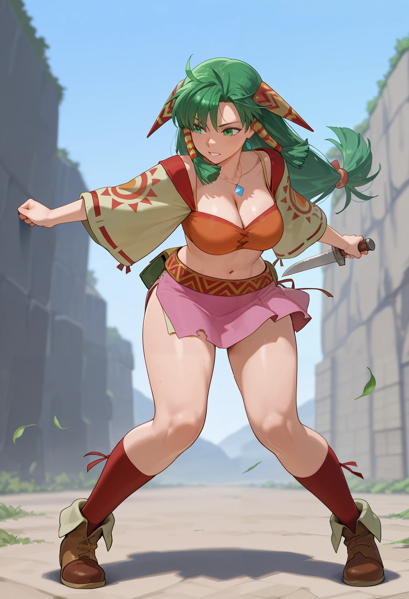 26 yo, face look alike to feena from \(Grandia\), Beautiful Mature young milf, (mature woman with lean perfection abdomen), sweet sweet expression, confident, large natural breasts, Curvy body, (outdoor-holding a jewel-addorned knife with 1hand - ready to fight a pack of wolves in fantasy classic Grandia settings), battle stance, solo, 1girl, BREAK, She wears an orange bra top that leaves her abdomen exposed, paired with a small short pink skirt held up by a thin red belt. Covering her arms is a tan-colored shawl adorned patterns on both sleeves. Her long green hair flows down her back, with some sections tied through two patterned hair accessories. She completes her ensemble with ripped red socks that extend past her knees and brown shoes featuring tribal patterns similar to those on her belt and shawl, official arts, dynamic jrpg view, fantastic fantasy vibrant background, fighting monsters, 