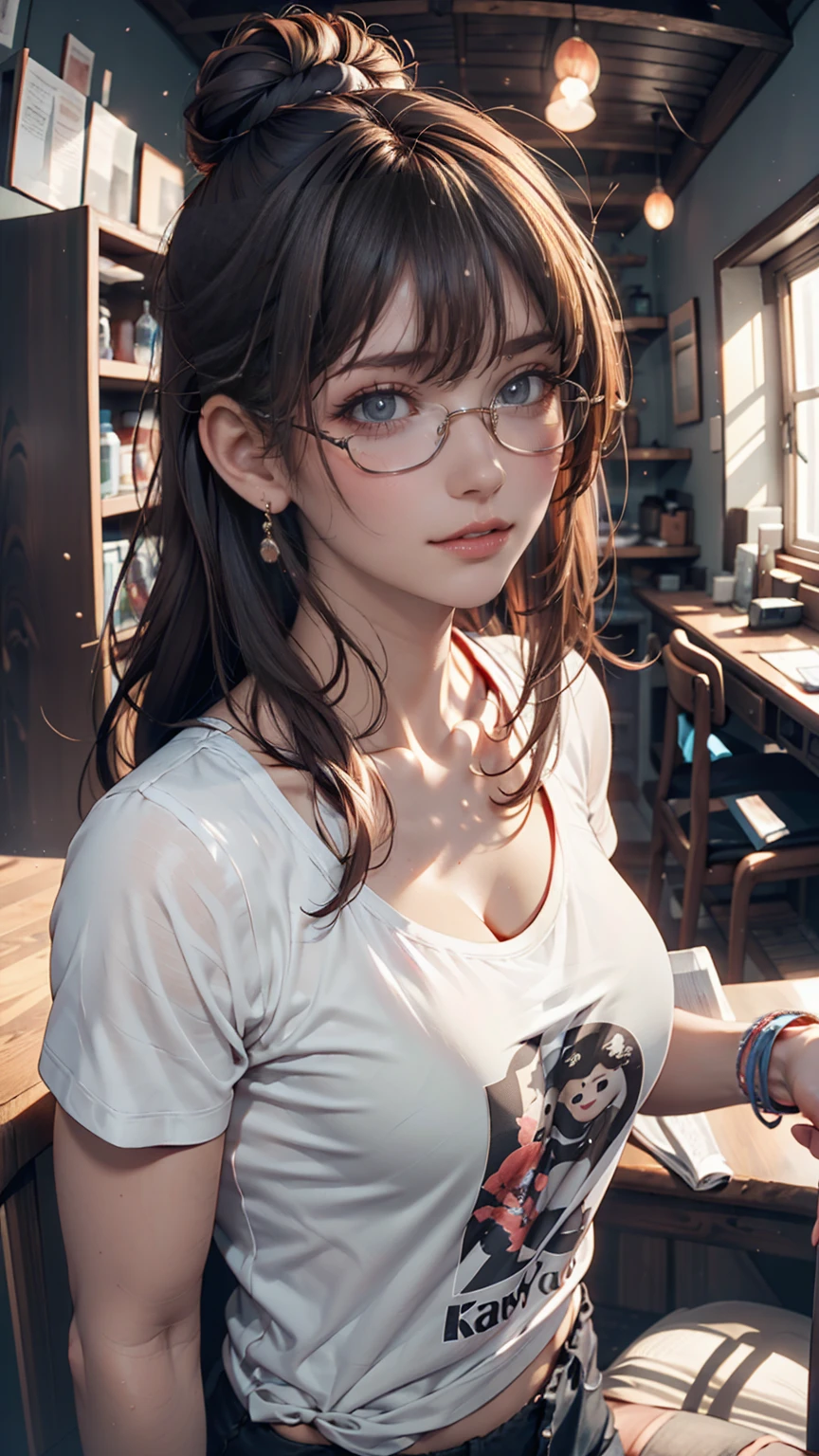 1 beautiful Thai girl, Ponytail, smooth, glasses, smile, sit, Write a book, Coffee cup, café, (White shirt:1.5), See-through fabric, lace, (open left shoulder:1.5), anime, very high