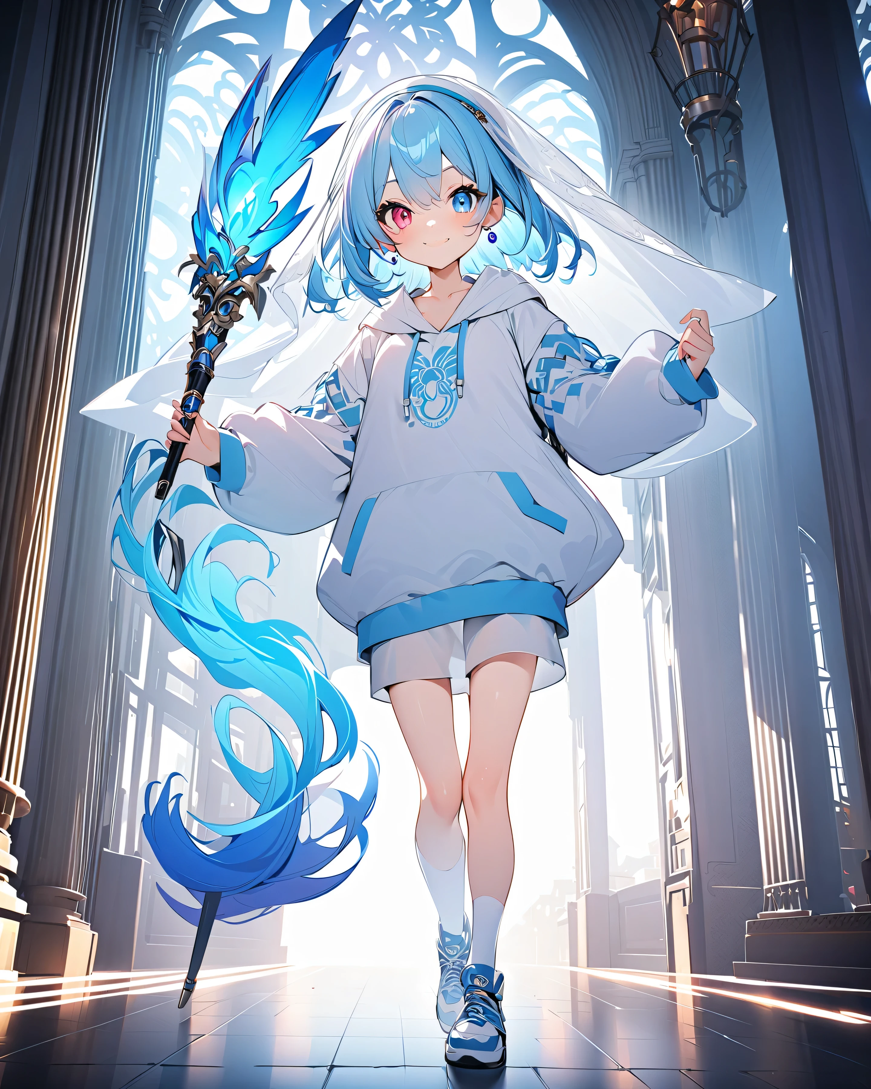 (( 1 woman with an umbrella)), Smile, (Single )、 High resolution , Ultra HD, Very Detailed , { White Socks }、short hair、 light blue hair 、(White Veil )、(( small boobs))、 ring earrings , earrings, ( odd eye )、 Iris Heroism 、(( White Hooded Sweatshirt ))、(Put Down the Hood )、 blue flame background 、sneakers、( Full Body Photo ))、Standing, (look straight ahead)、 [ sacred、 Charming Smile 、( Very Pretty Eyes)、 Cinematic Light 、(( mature girl))、(( Medium height ))、 looking at the audience 、{{ face forward }}、[浴火重生cartoon, cartoon style, cartoon, heterochromia, Samurai Knife、 white stockings 、 White Socks
