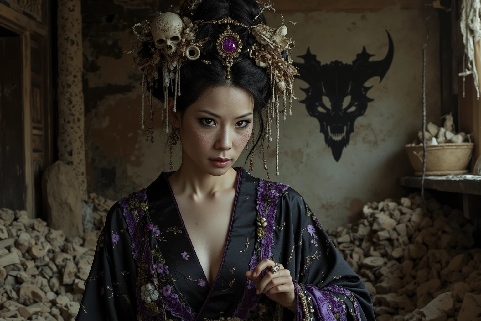 cinematic film still by Ridley Scott of a crazed insane cyber geisha witch Cybergirl, runny makeup, glare, looking at the viewer, snarl, roar, frown, sick, dreadful, sinister, agressive, threatening haunted expression, morbid, inspired, intricate details, microdetailed symetry, dramatic backlighting