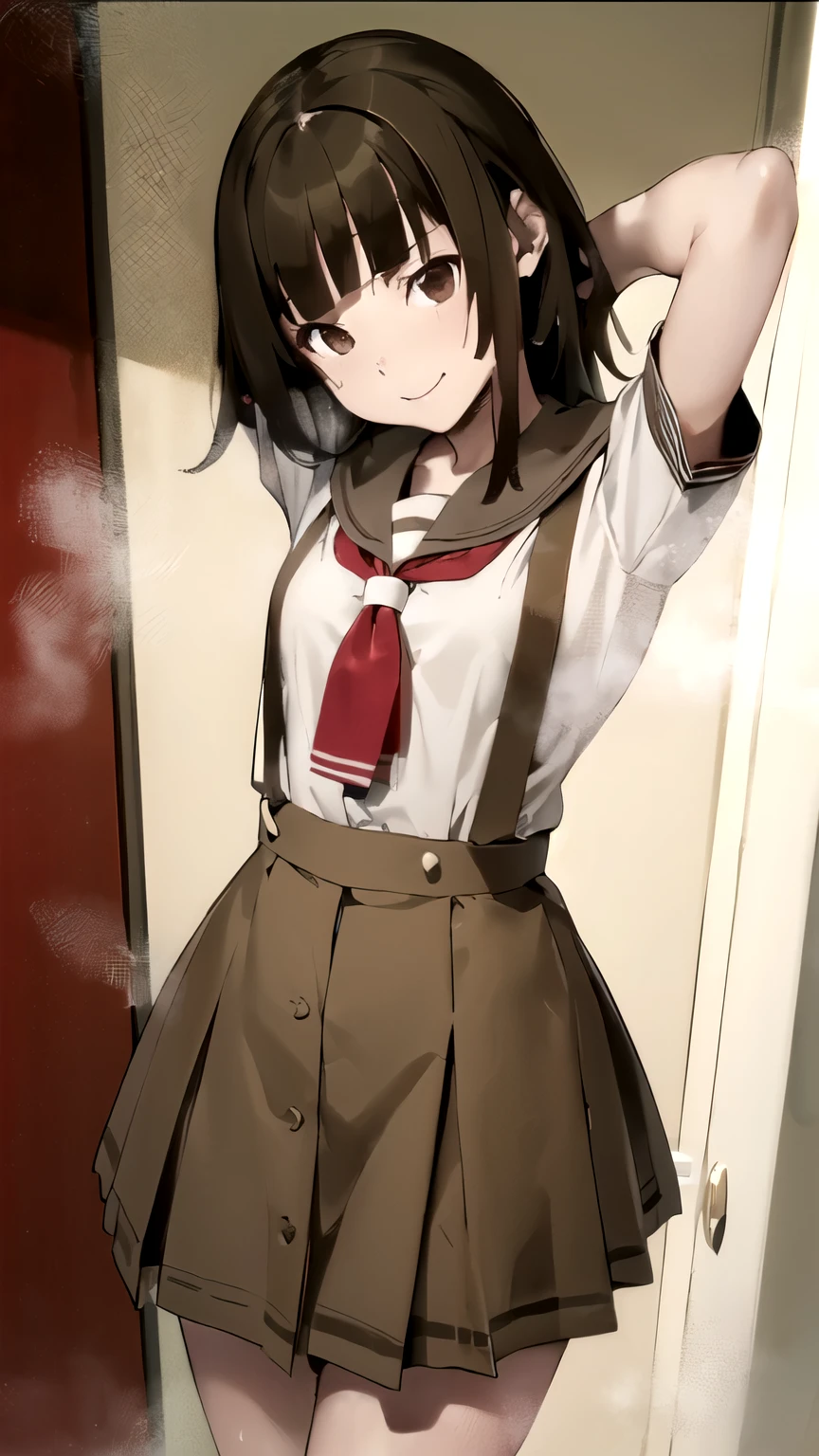 ((masterpiece,best quality)), {DATE_artstyle_LoRA : Manga_Style} {horror_edit : creepy_room_aura} {partially_monochrome} { (aanadeko, medium hair, brown hair, blunt bangs, brown eyes, brown skirt, perfectly_small_shape_breast : perfectly_slender_body : petite : } { school uniform, sailor collar, red neckerchief, suspenders }}  {  :  evil_smile : devious } {posing : arm_behind_head } { possessed :} { steaming_body : sweating  } { } : dark : creepy otaku room : messy  }