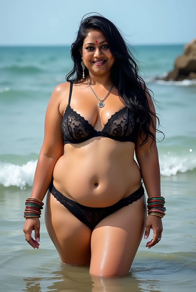 Anushka Shetty, curvy, British, 20s, transparent shirt and black panties, cleavage 5%, wide hip, at beach, happy, laying at beach on her back, front view, happy, smile