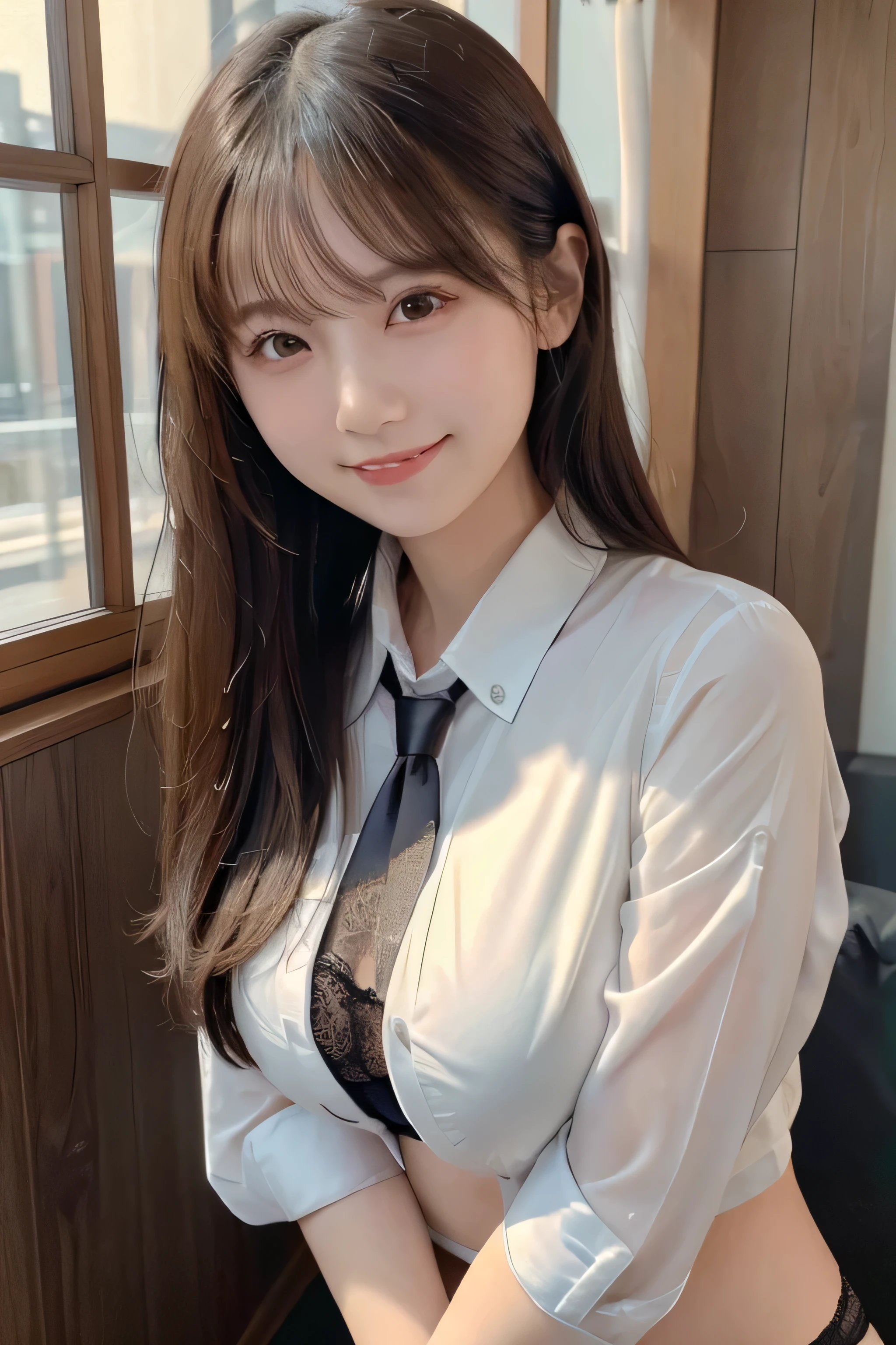 (Detailed skin:1.2),(Shiny skin:1.1),8K,Highest quality, masterpiece, Ultra-high resolution,(Realistic:1.4), RAW Photos,(Soft saturation:1.3),(Fair skin:1.2),Japanese Idols,repair,20 years, Light brown hair, (Shore Surf:1.2)、(Long Hairstyles:1.2), Asymmetrical Hair, Asymmetrical bangs (Pretty face:1.4), (Large Breasts, Tight waist), Beautiful lighting, Small Head, (Student Uniform:1.2,),Highly detailed face, Highly detailed lips, fine grain, double eyelid,(Full Body Shot), Browsing Caution, (Sharp focus: 1.2), (Perfect Anatomy、Beautiful woman with perfect figure: 1.2)、Random sexy poses,Accentuate your leg lines、Smiling