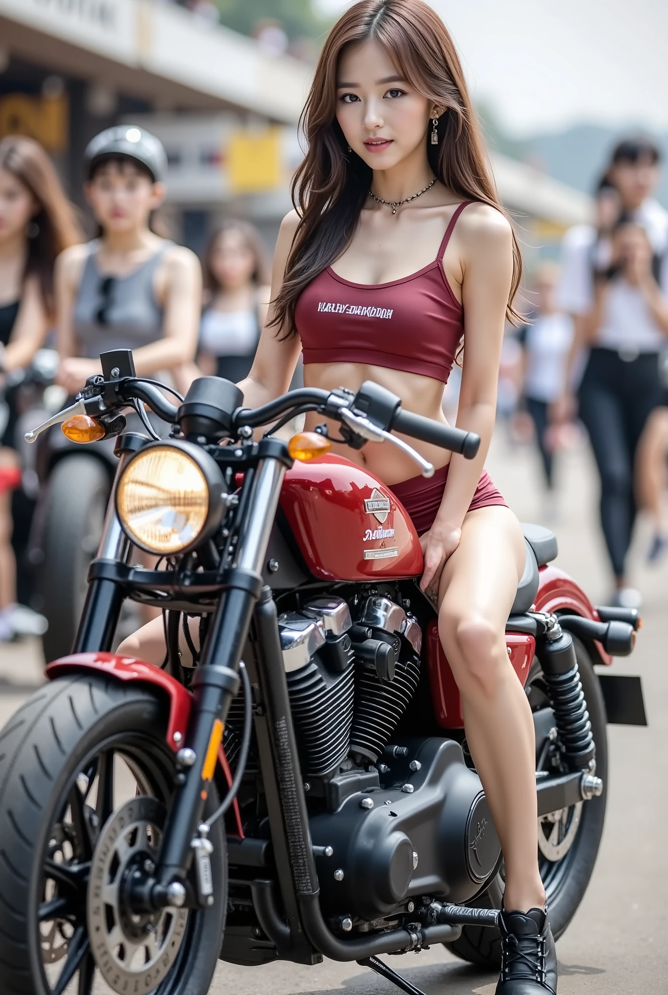 (8k,   Top Quality, Masterpiece), ( realistic   , photo realistic   : 1),   (Grid girl riding a crimson Harley  :1)、 companion girl sitting on a motorbike at the Motor Show
