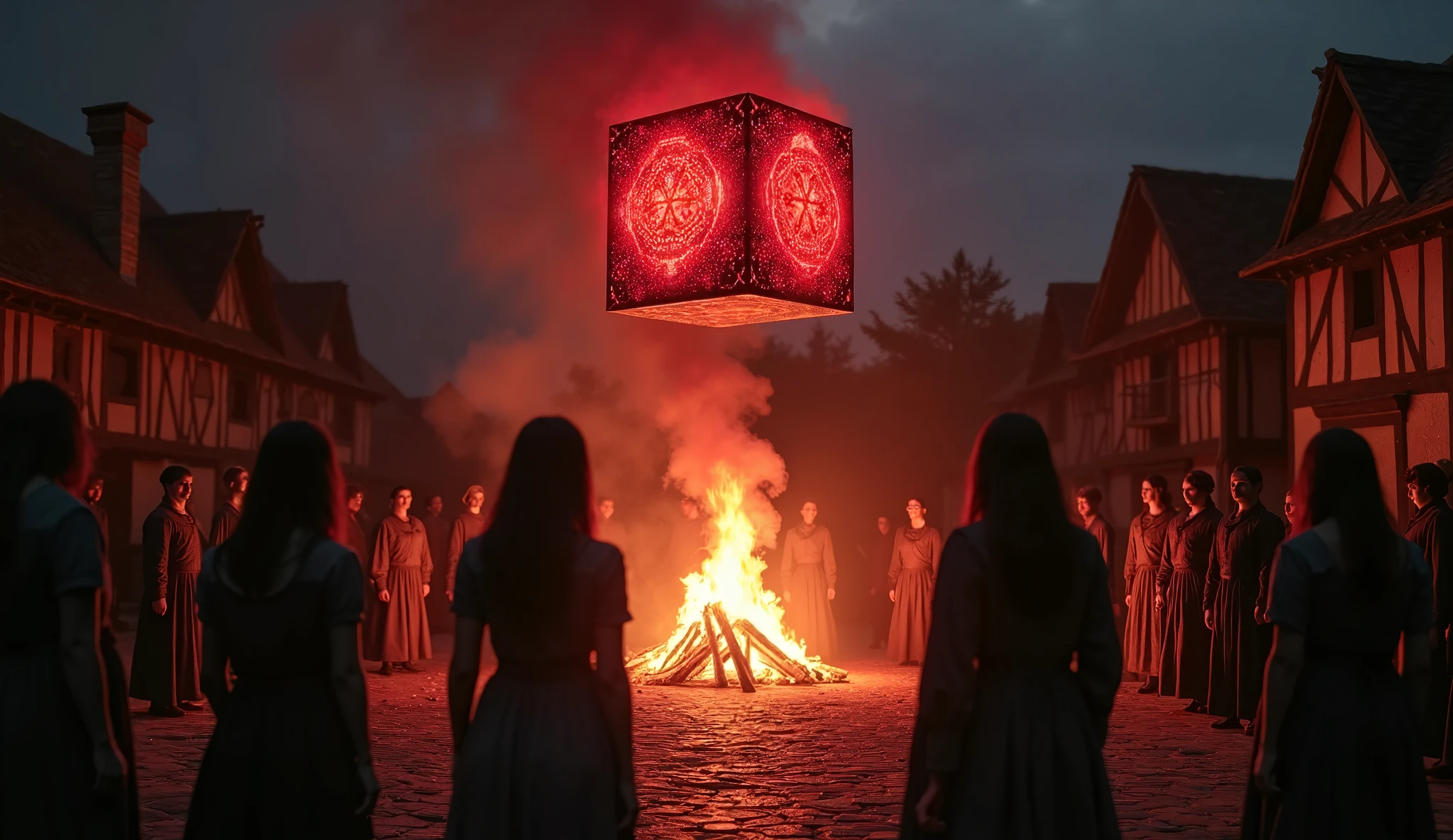 Full body view of happy Satanic children worshipping Lord Satan in a satanic temple